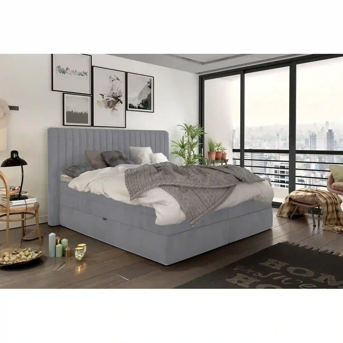 Pat boxspring MINOLA 160x200, stofa catifelata gri - Monolith 84, cu saltele, topper si 2 lazi pentru depozitare