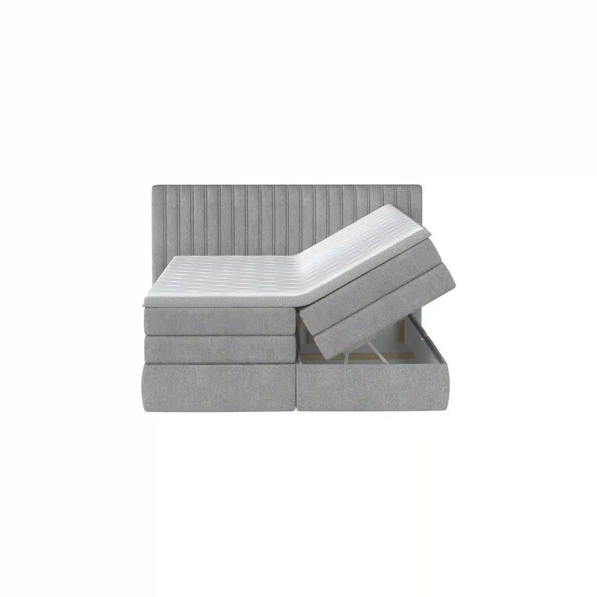 Pat boxspring MINOLA 160x200, stofa catifelata gri - Monolith 84, cu saltele, topper si 2 lazi pentru depozitare