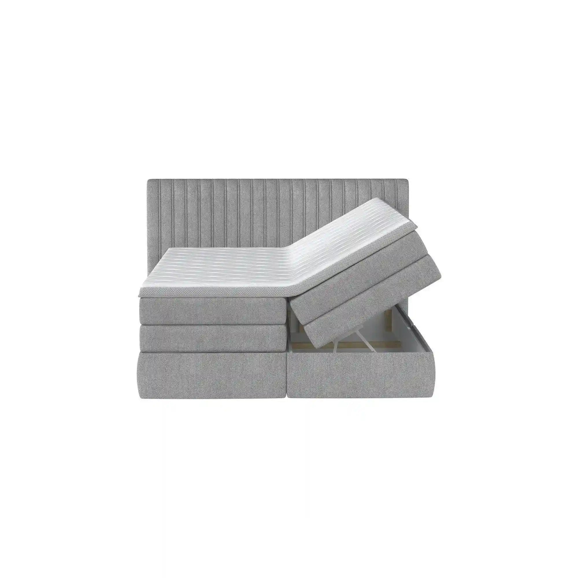 Pat boxspring MINOLA 180x200, personalizabil materiale gama Oferta Avantaj, cu saltele, topper si 2 lazi pentru depozitare