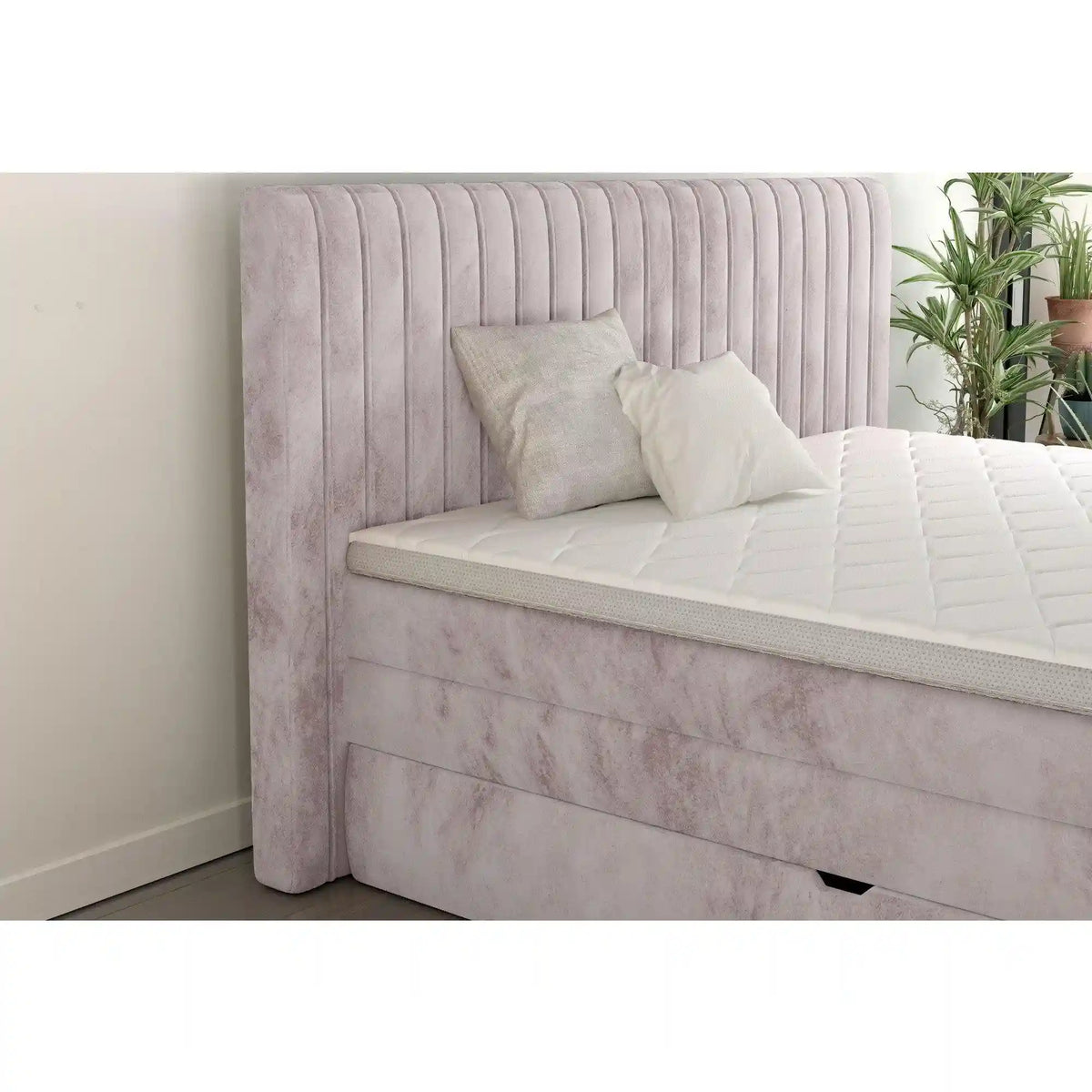 Pat boxspring MINOLA 180x200, personalizabil materiale gama Oferta Avantaj, cu saltele, topper si 2 lazi pentru depozitare