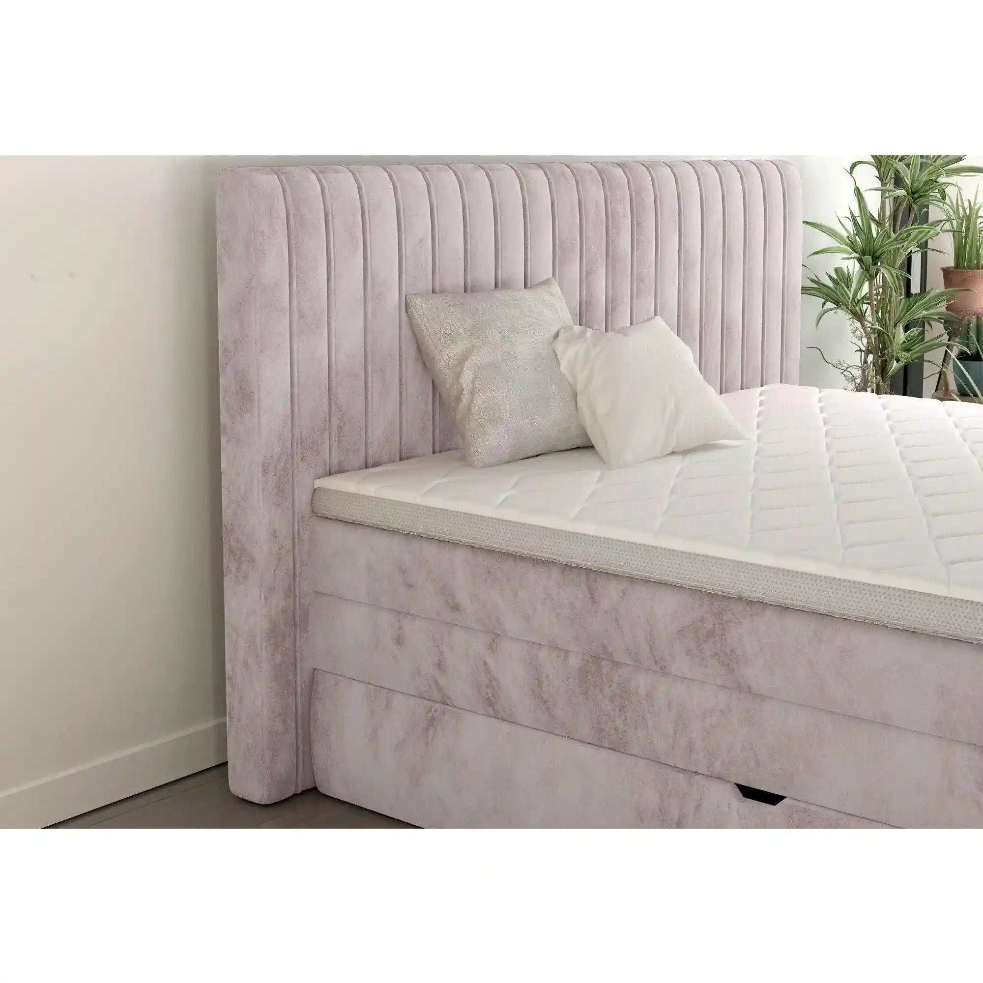 Pat boxspring MINOLA 180x200, personalizabil materiale gama Oferta Avantaj, cu saltele, topper si 2 lazi pentru depozitare