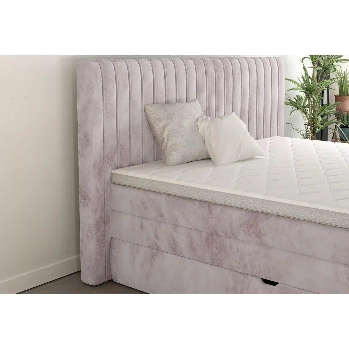 Pat boxspring MINOLA 160x200, stofa catifelata roz - Riviera 62, Gama Premium, cu saltele, topper si 2 lazi pentru depozitare