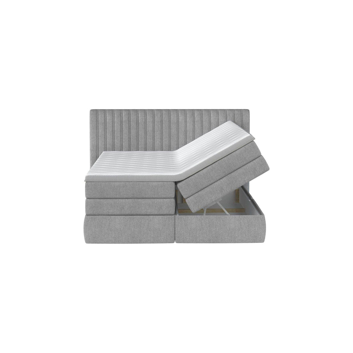 Pat boxspring MINOLA 180x200, stofa catifelata bej - Whisper 3, Gama Premium, cu saltele, topper si 2 lazi pentru depozitare