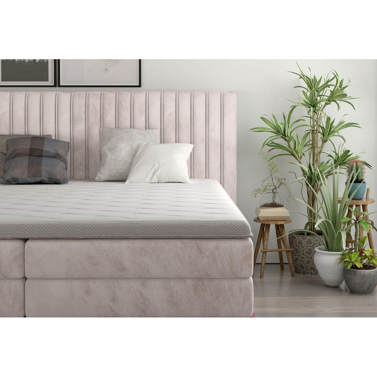 Pat boxspring MINOLA 180x200, stofa catifelata bej - Whisper 3, Gama Premium, cu saltele, topper si 2 lazi pentru depozitare