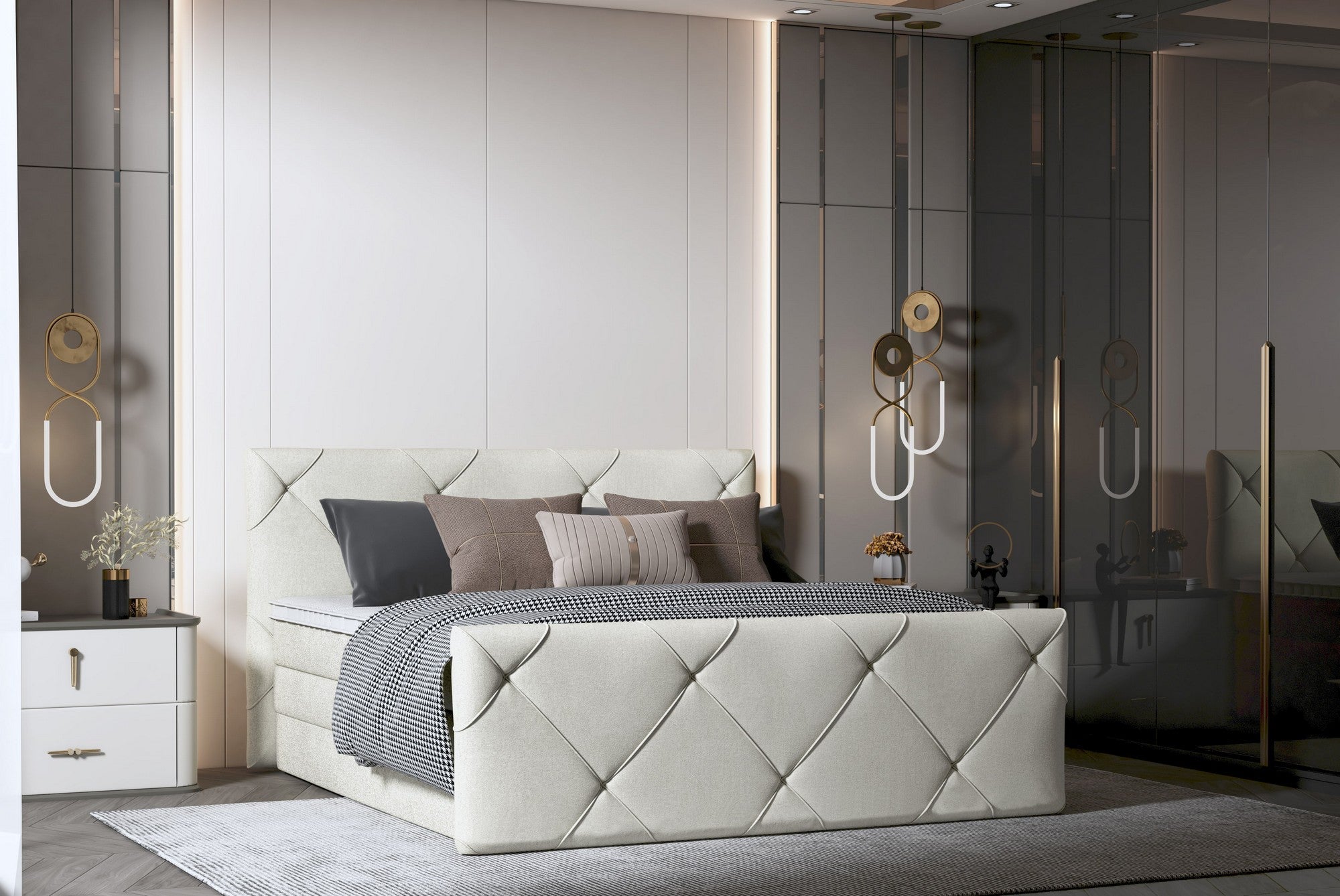 Pat boxspring MOSSA 160x200, personalizabil materiale Gama Premium, cu saltele, topper si lada pentru depozitare