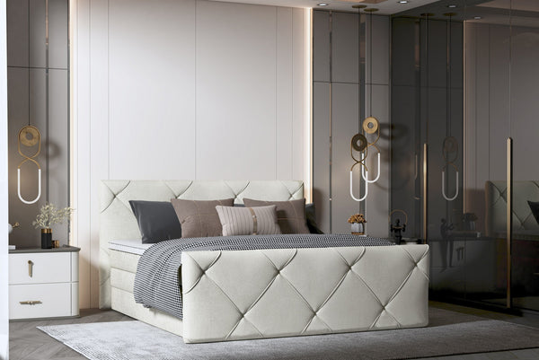 Pat boxspring MOSSA 140x200, personalizabil materiale Gama Premium, cu saltele, topper si lada pentru depozitare