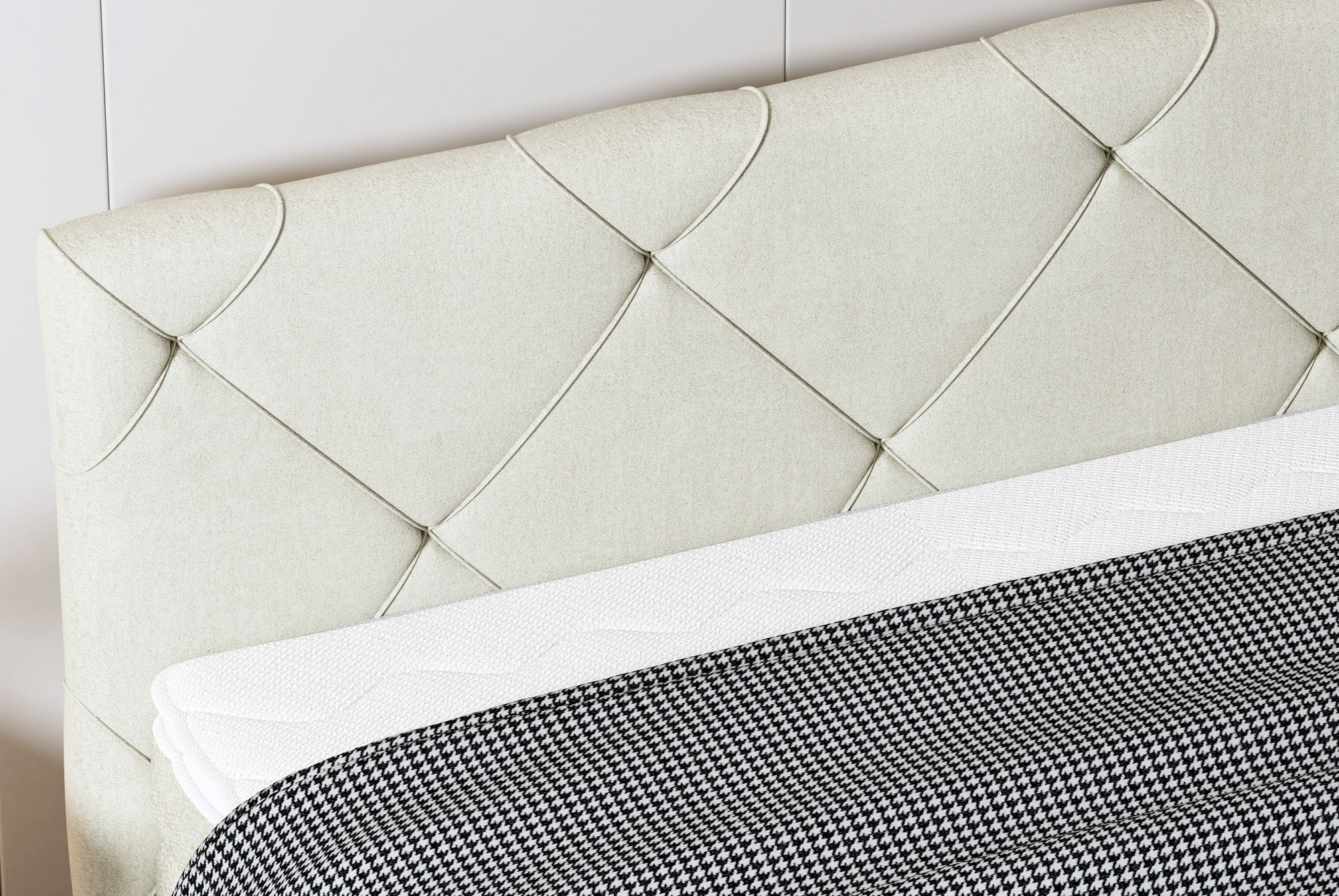 Pat boxspring MOSSA 160x200, personalizabil materiale Gama Premium, cu saltele, topper si lada pentru depozitare