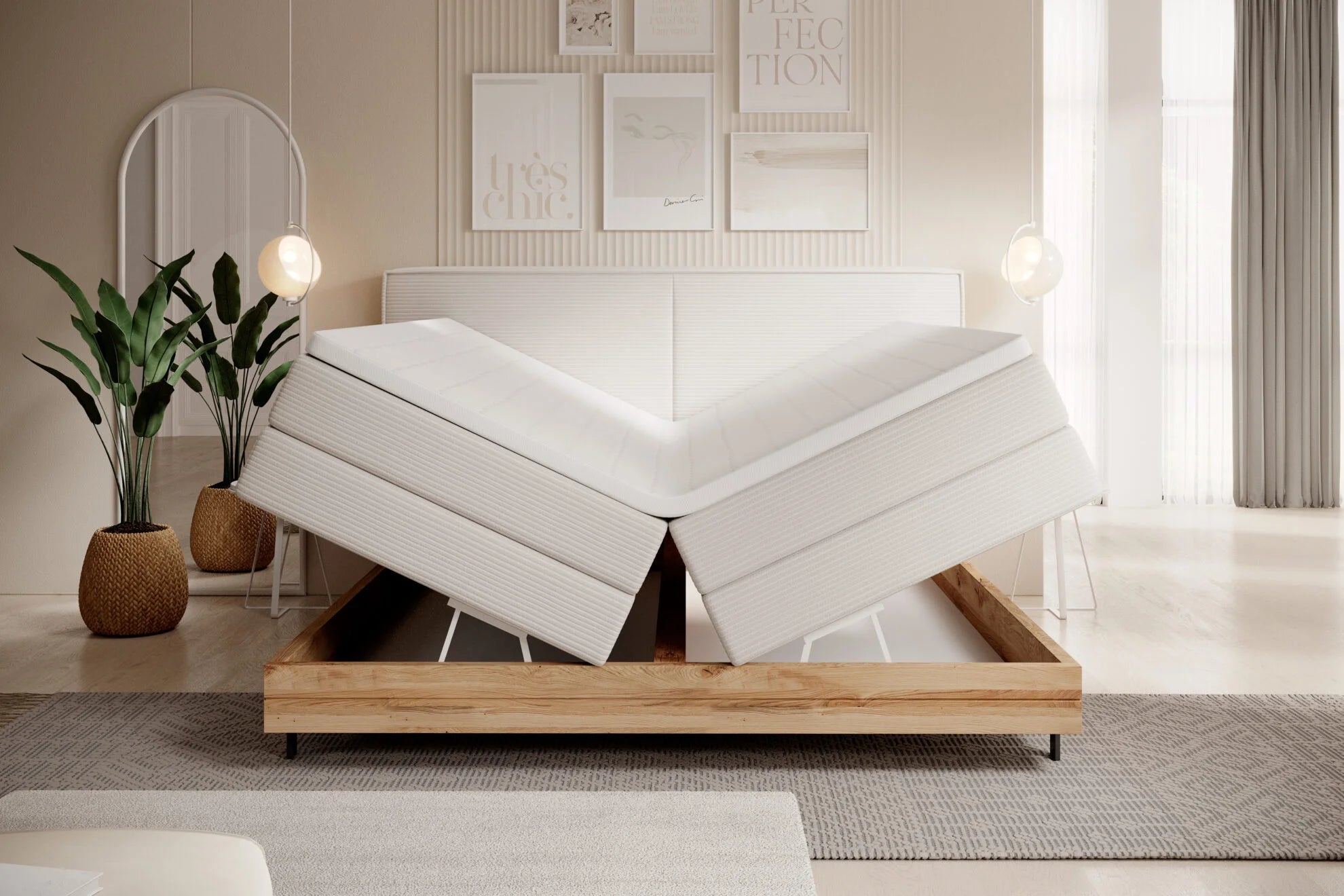 Pat boxspring NEBIA 140x200, personalizabil materiale gama Oferta Avantaj, cu saltele, topper si lada pentru depozitare
