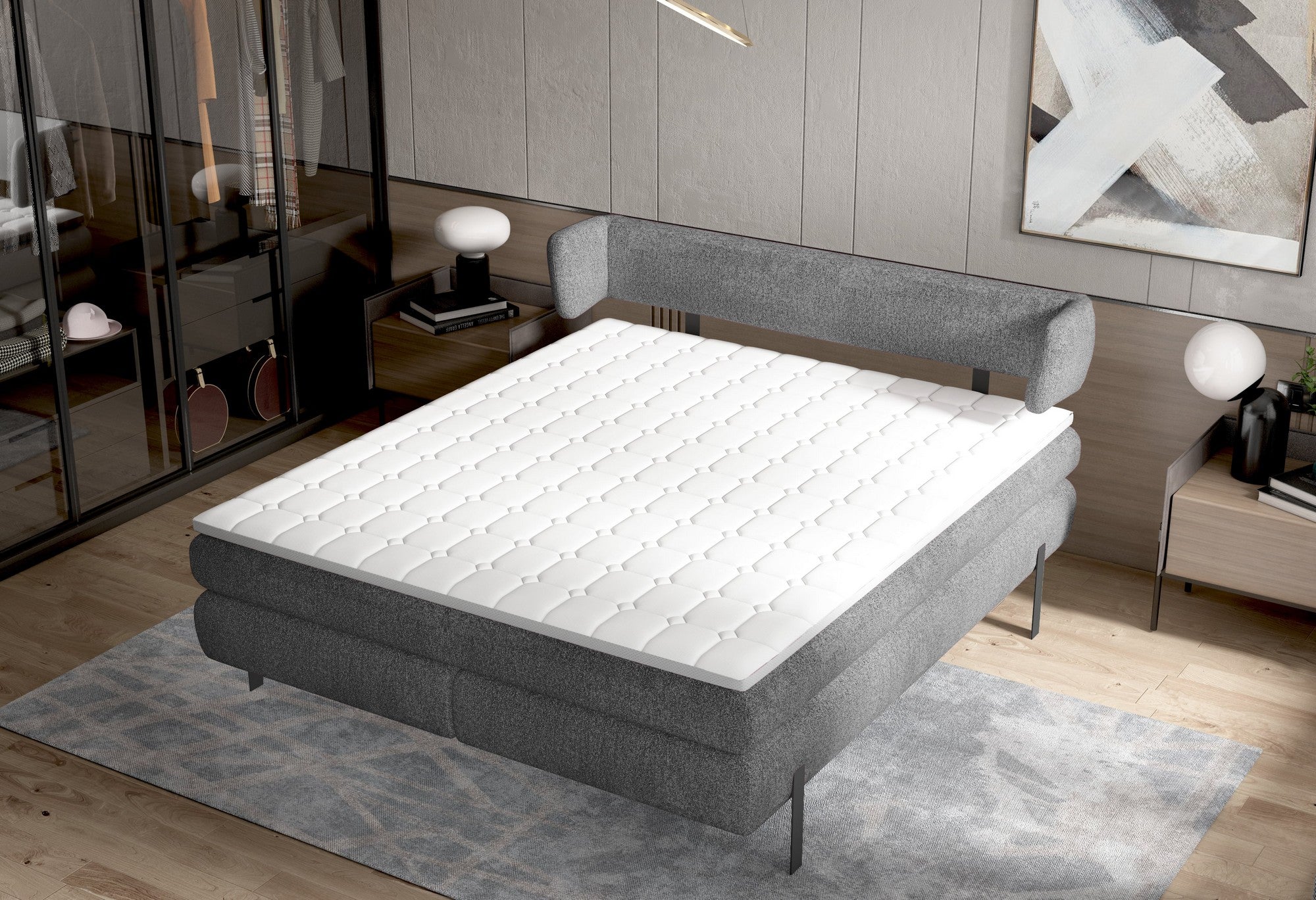 Pat boxspring NOBILE 160x200, personalizabil materiale Gama Premium, cu saltele si topper