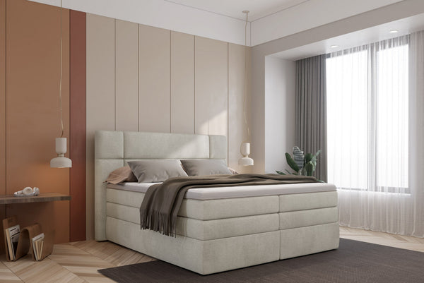 Pat boxspring PALACE 140x200, personalizabil materiale Gama Premium,  cu saltele, topper si lada pentru depozitare