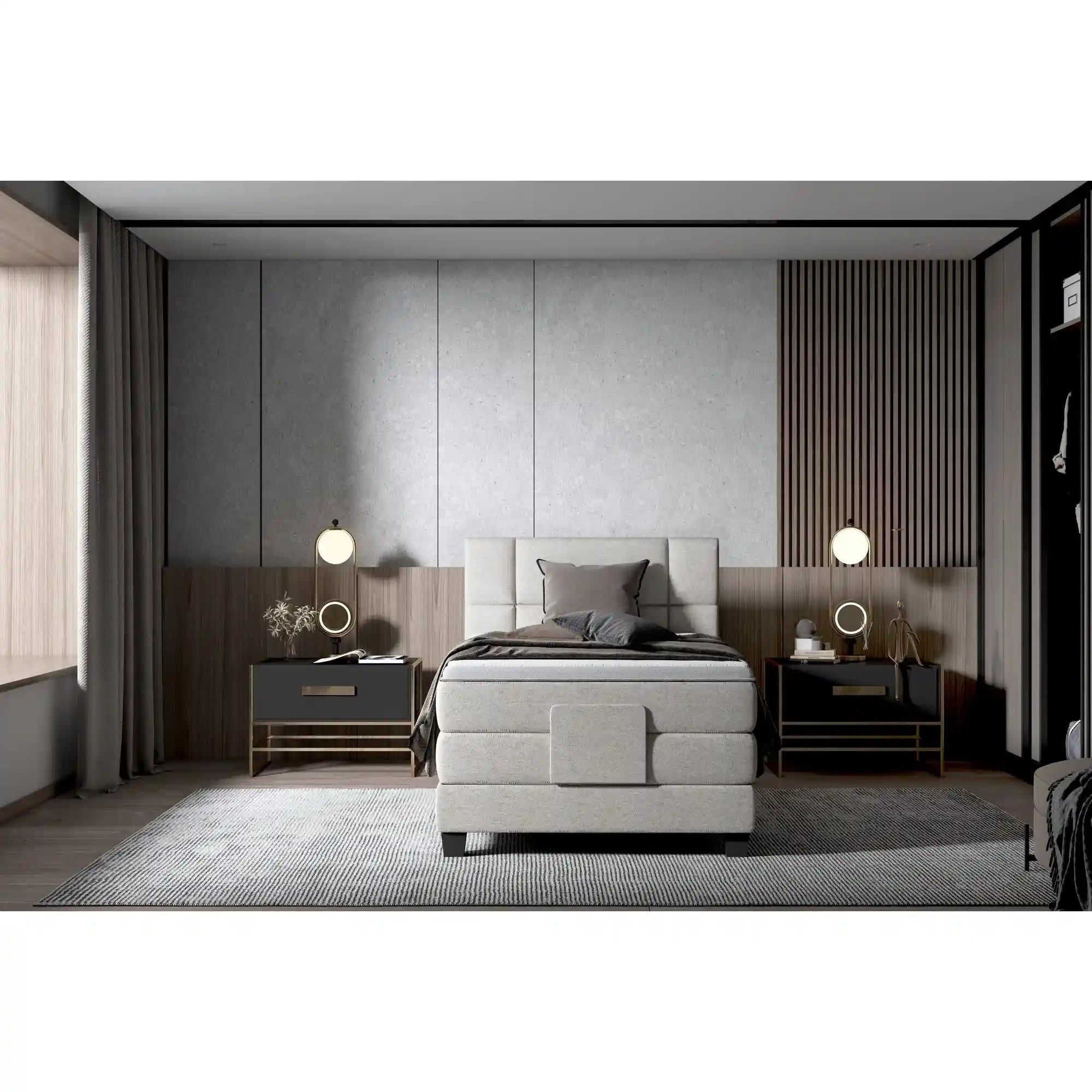 Pat boxspring REY 120x200, personalizabil materiale Gama Premium, cu mecanism electric, saltele si topper