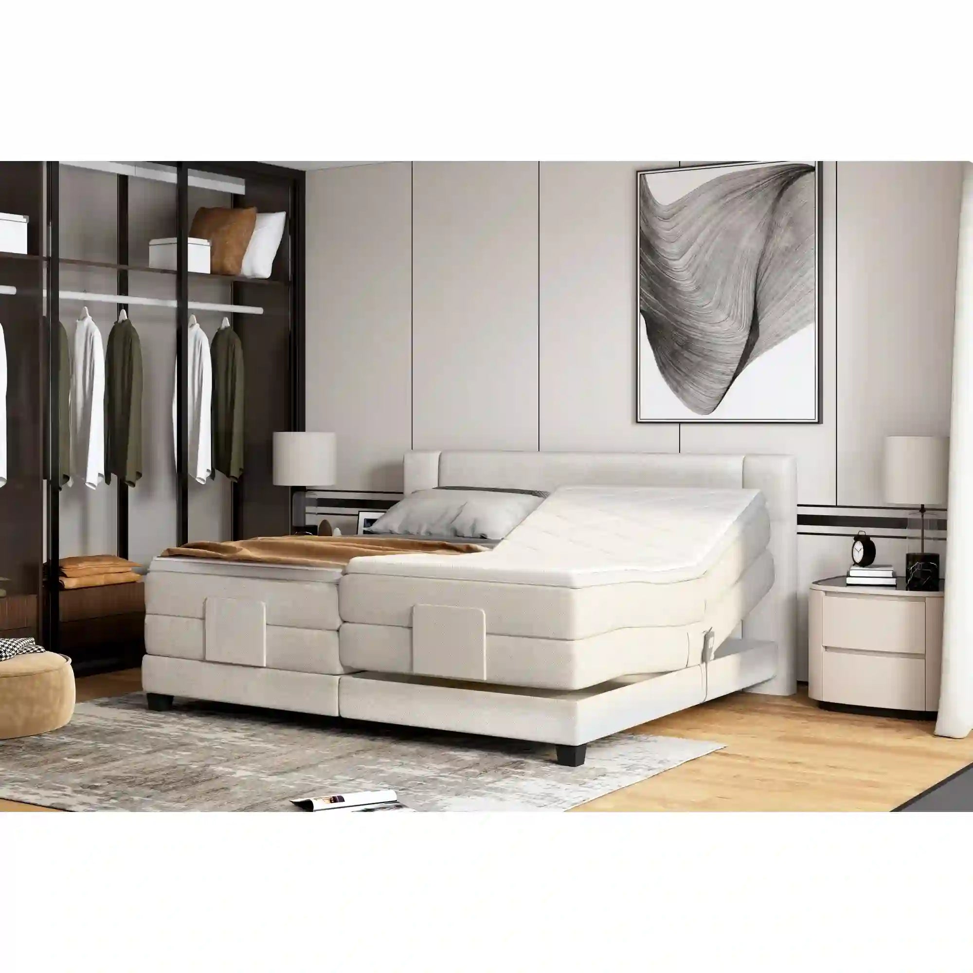 Pat boxspring REY 160x200, personalizabil materiale Gama Premium, cu mecanism electric, saltele si topper