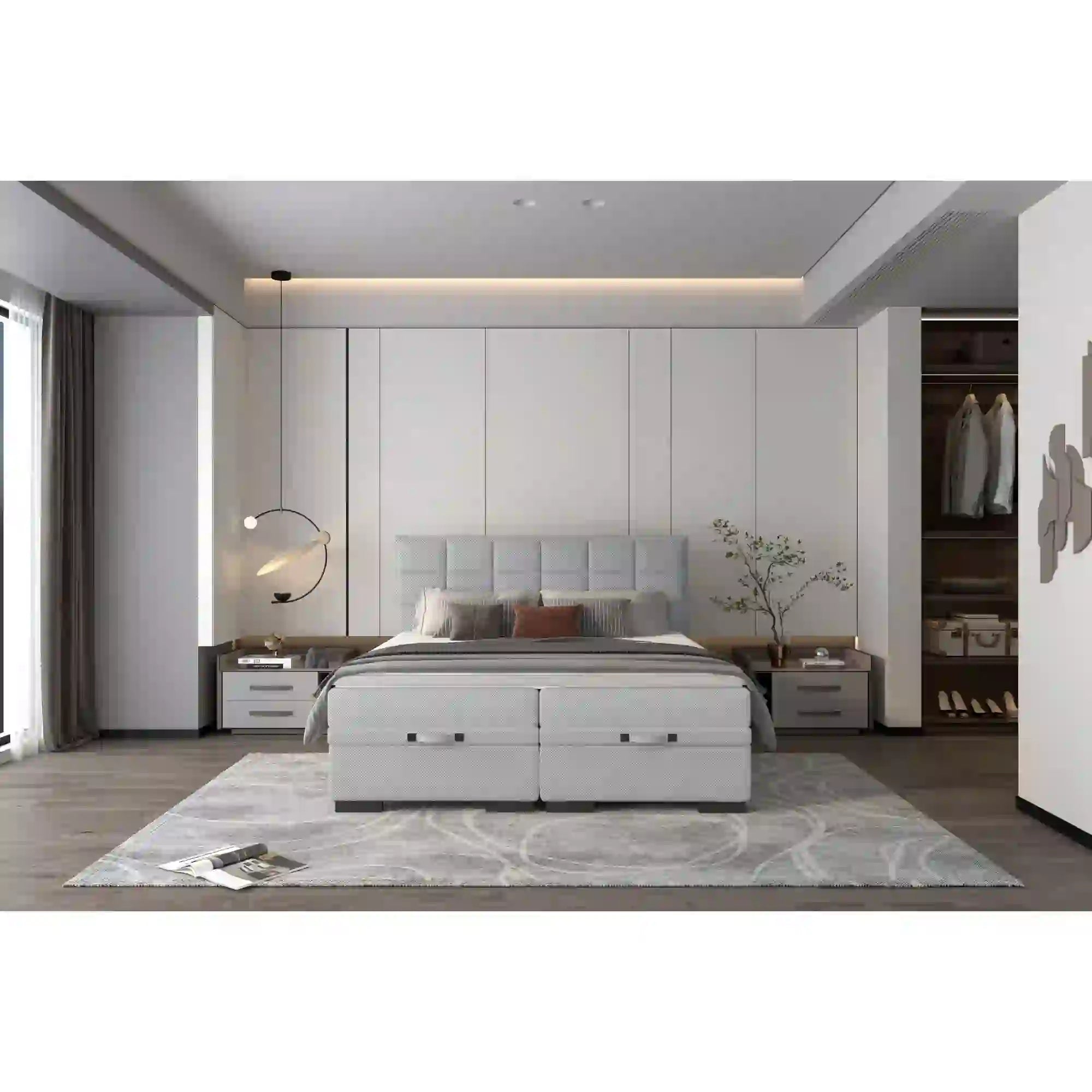 Pat boxspring SEMENO 140x200, personalizabil materiale Gama Oferta Avantaj, cu saltele, spatiu depozitare si topper