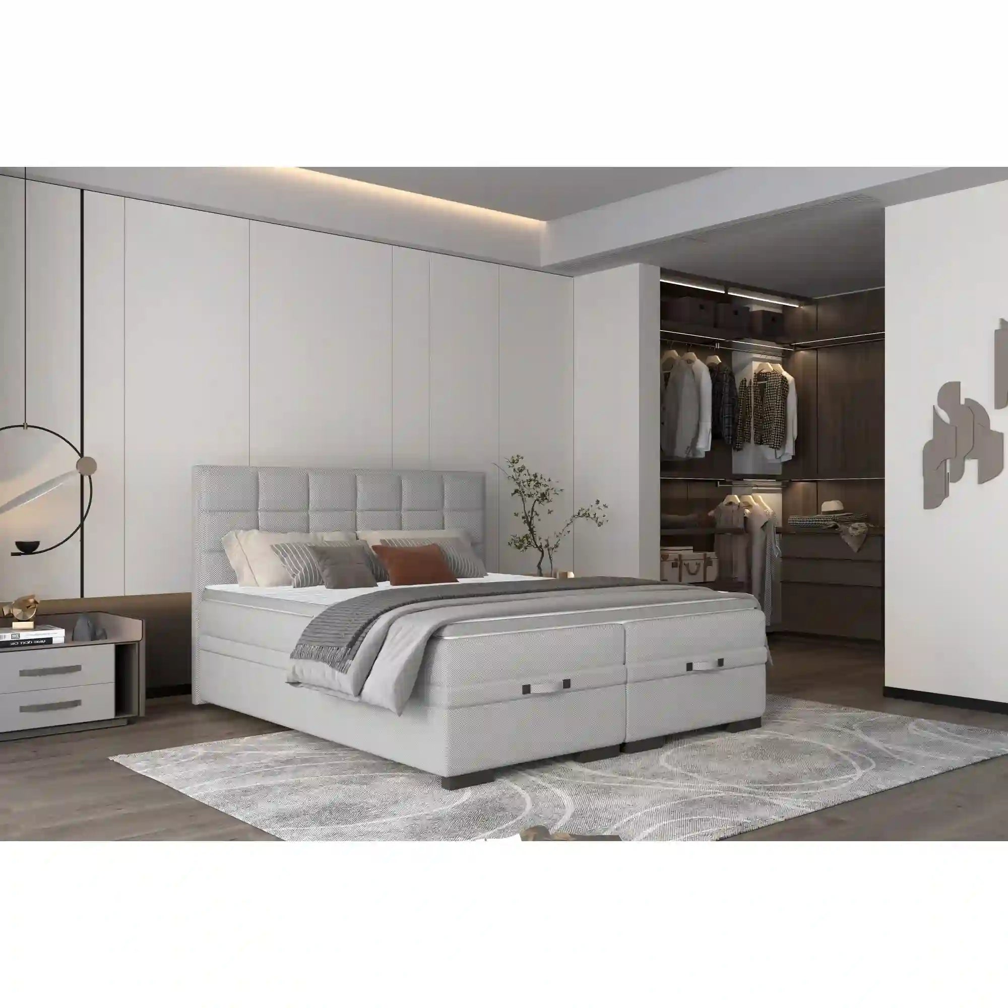 Pat boxspring SEMENO 180x200, personalizabil materiale Gama Oferta Avantaj, cu saltele, spatiu depozitare si topper