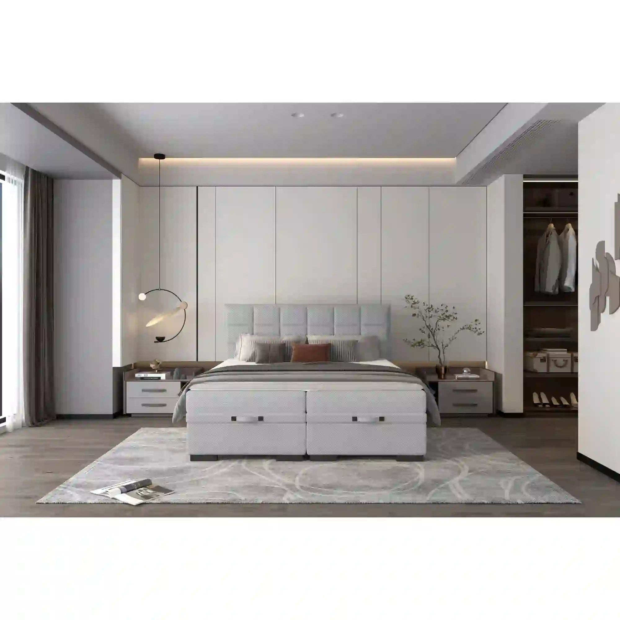 Pat boxspring SEMENO 180x200, personalizabil materiale Gama Premium, cu saltele, spatiu depozitare si topper