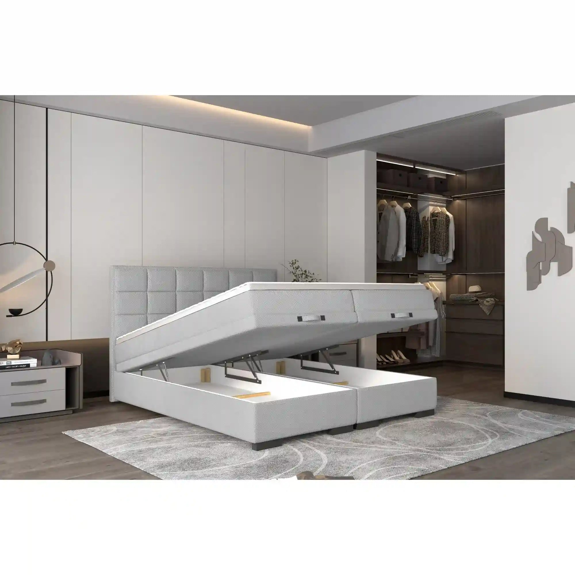 Pat boxspring SEMENO 180x200, personalizabil materiale Gama Premium, cu saltele, spatiu depozitare si topper