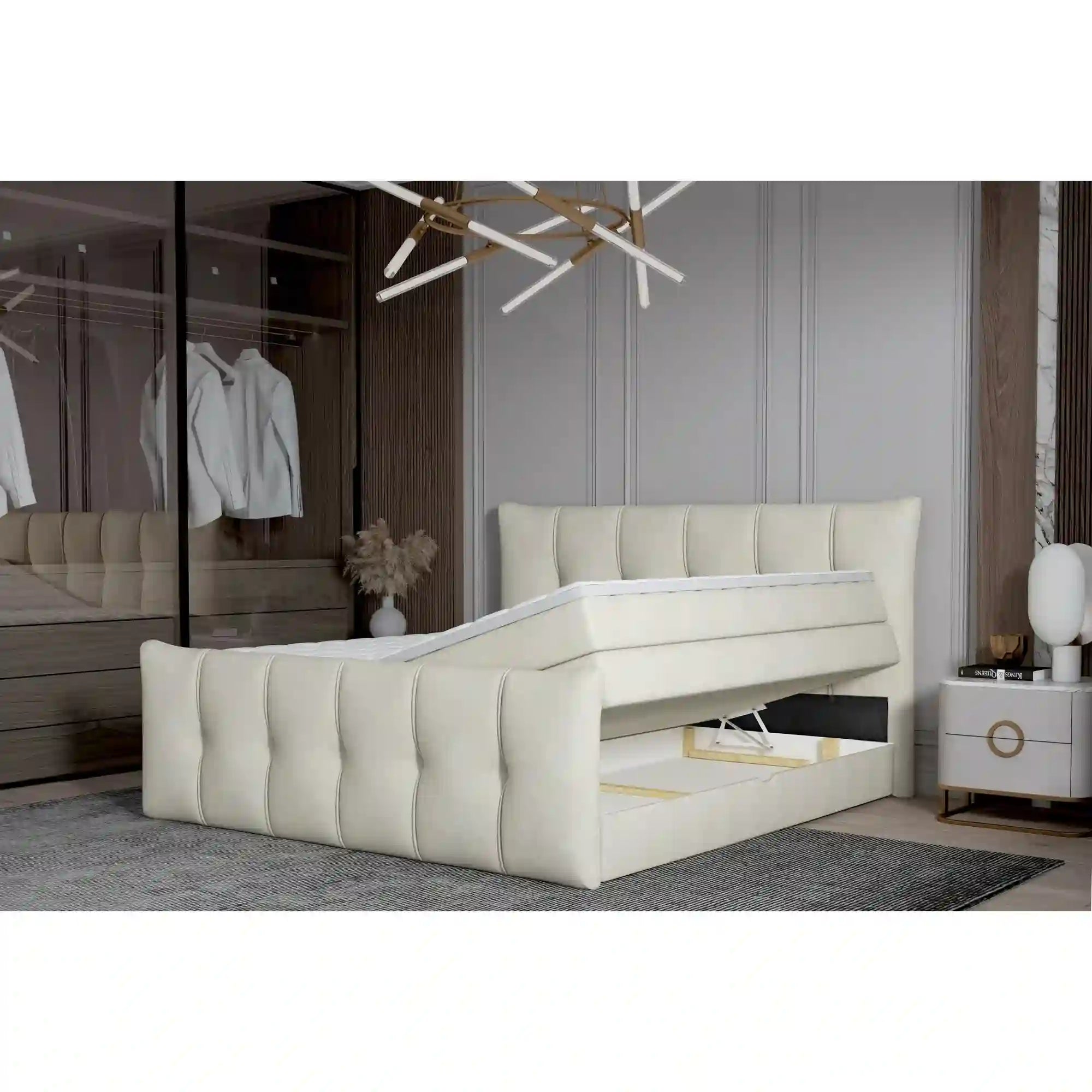 Pat boxspring SOFIA 140x200, personalizabil materiale gama Oferta Avantaj, cu saltele, topper si lada pentru depozitare