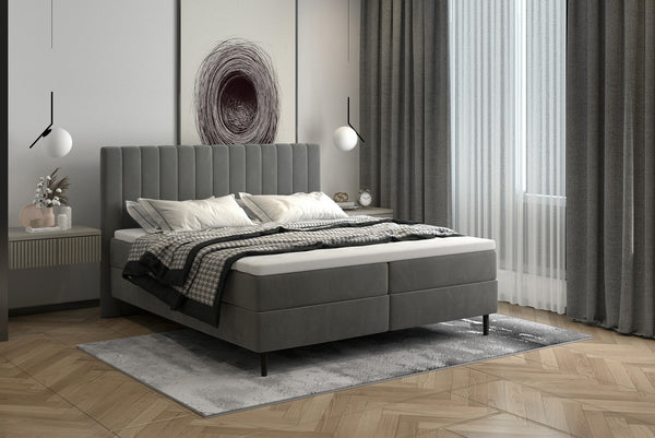 Pat boxspring TANGO 140x200, personalizabil materiale gama Oferta Avantaj, cu saltea, topper, lada pentru depozitare si pistoane