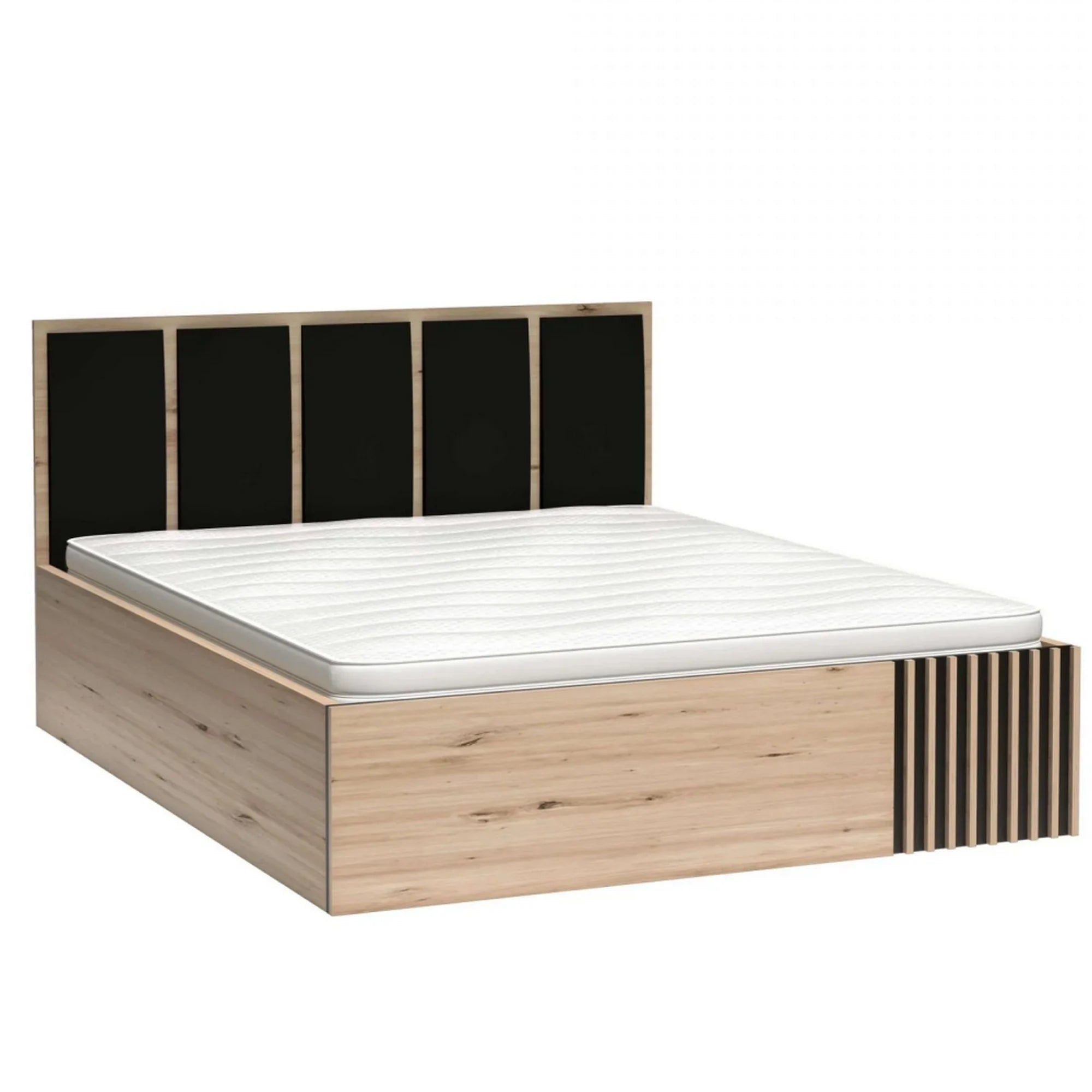 Pat CALI 160x200, stejar artisan/negru, PAL/stofa catifelata, cu suport saltea si spatiu depozitare