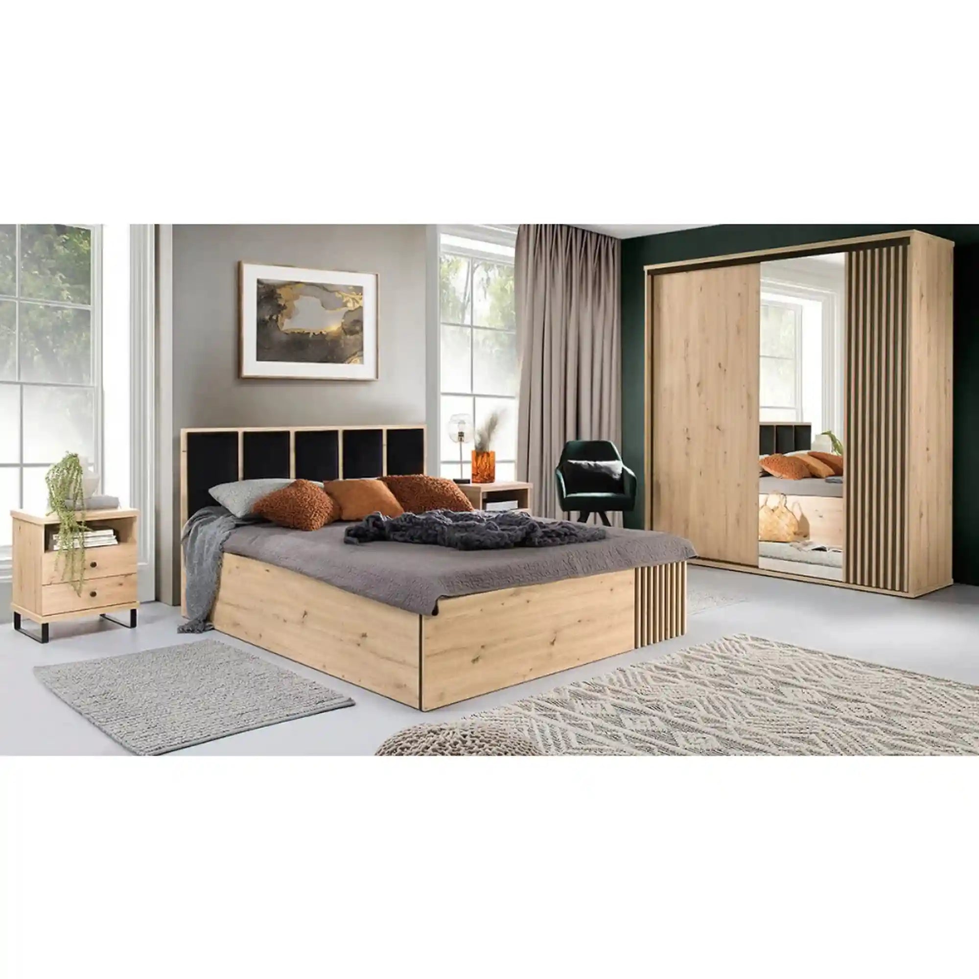 Pat CALI 160x200, stejar artisan/negru, PAL/stofa catifelata, cu suport saltea si spatiu depozitare