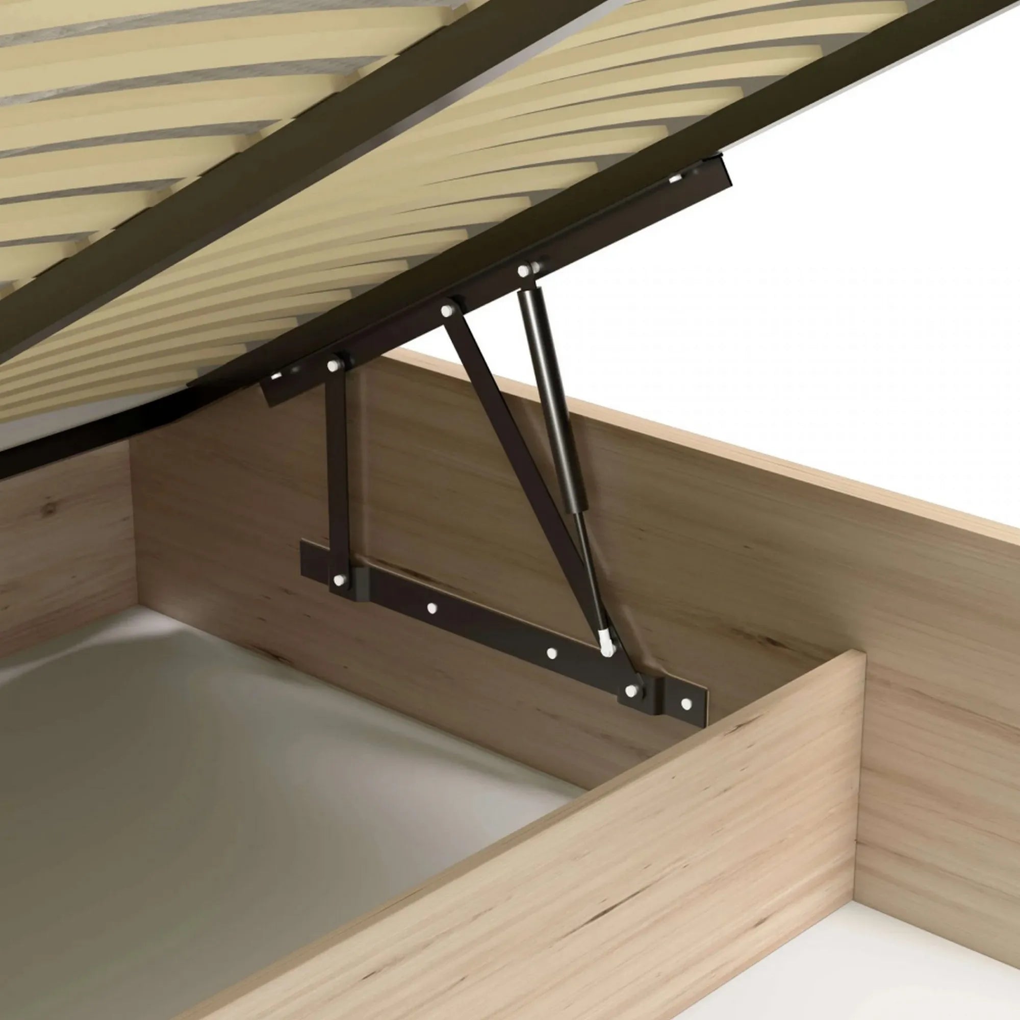 Pat CALI 160x200, stejar artisan/negru, PAL/stofa catifelata, cu suport saltea si spatiu depozitare