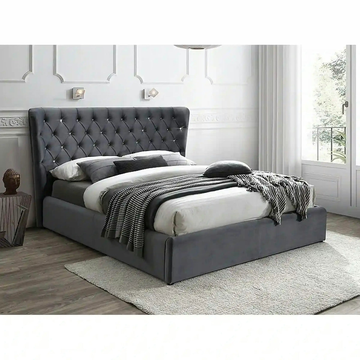 Pat Carven 160x200, stofa catifelata gri - Bluvel 14, cu somiera