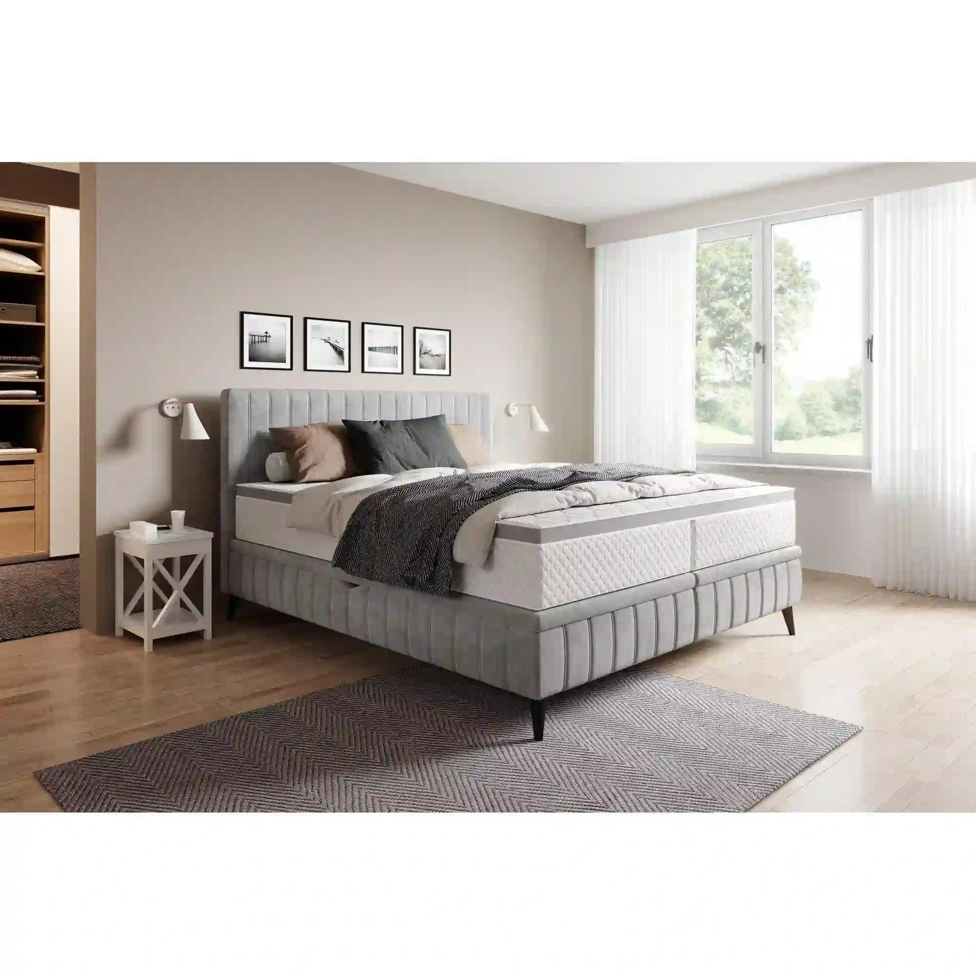 Pat CAYA 180x200, stofa catifelata bej - Whisper 03, Gama Premium, cu suport saltea, 2 lazi pentru depozitare si pistoane pe gaz