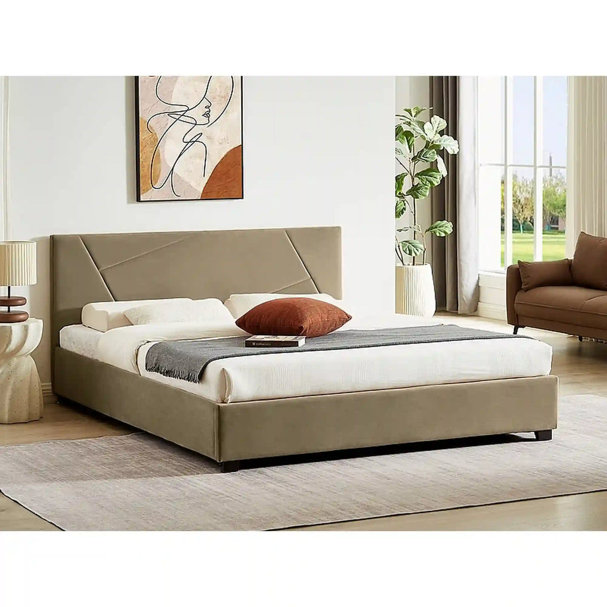 Pat COLUMBIA 140x200, stofa catifelata bej - Bluvel 28, cu somiera si spatiu depozitare