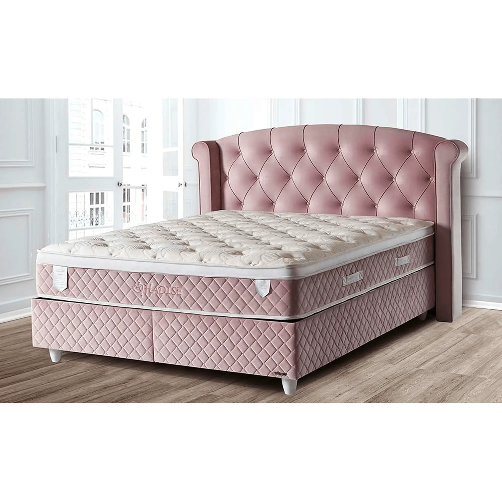 Pat cu lada dormitor VISCO LUX 160x200, stofa catifelata roz, cu suport saltea