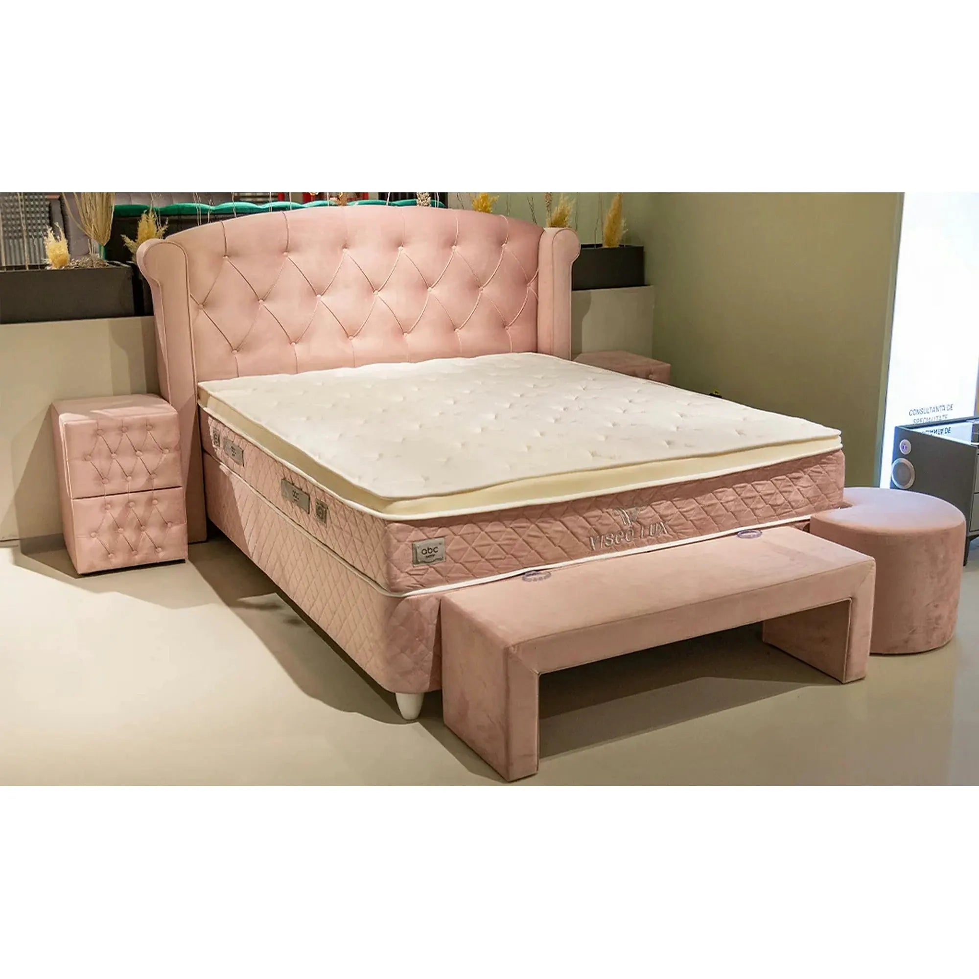 Pat cu lada dormitor VISCO LUX 160x200, stofa catifelata roz, cu suport saltea