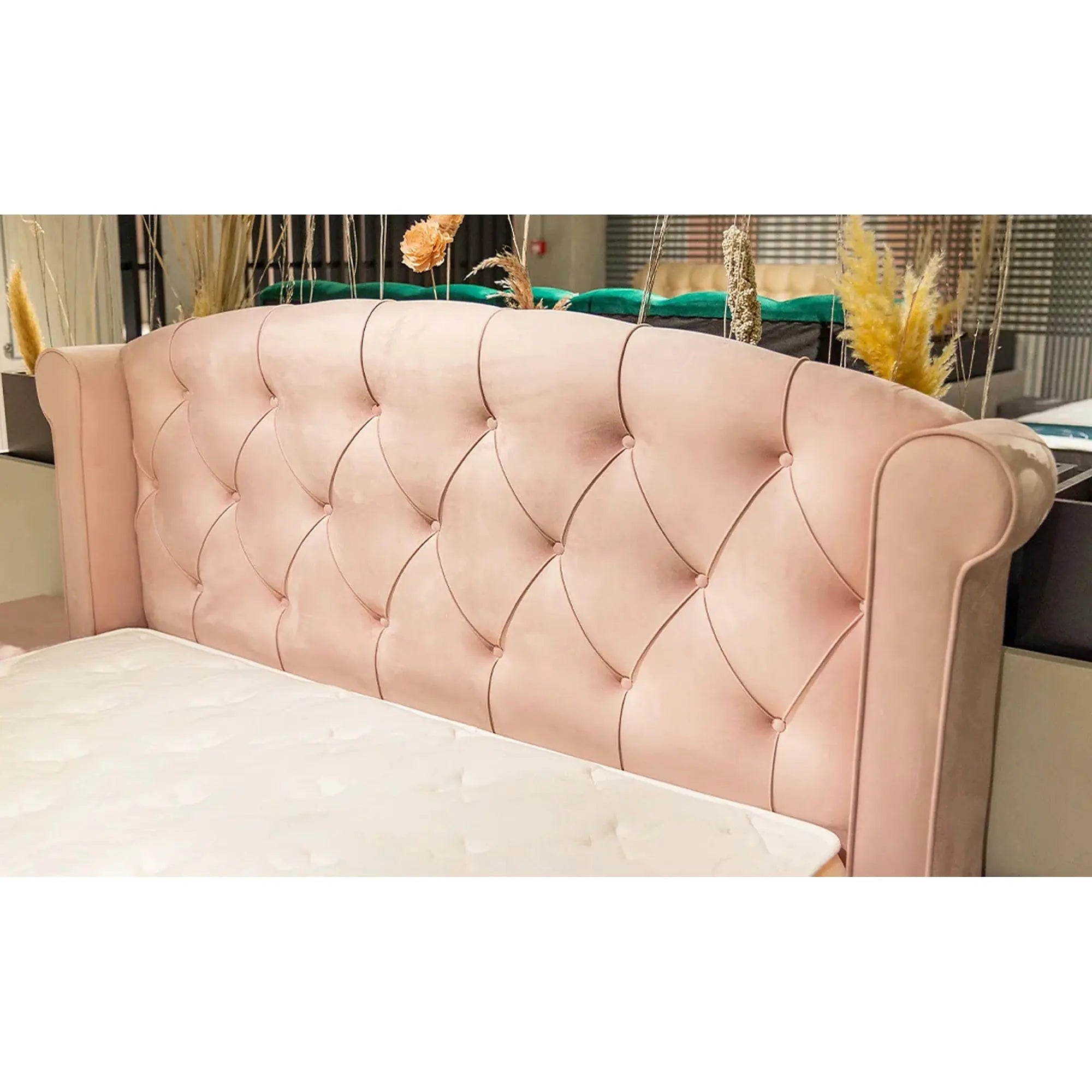 Pat cu lada dormitor VISCO LUX 160x200, stofa catifelata roz, cu suport saltea