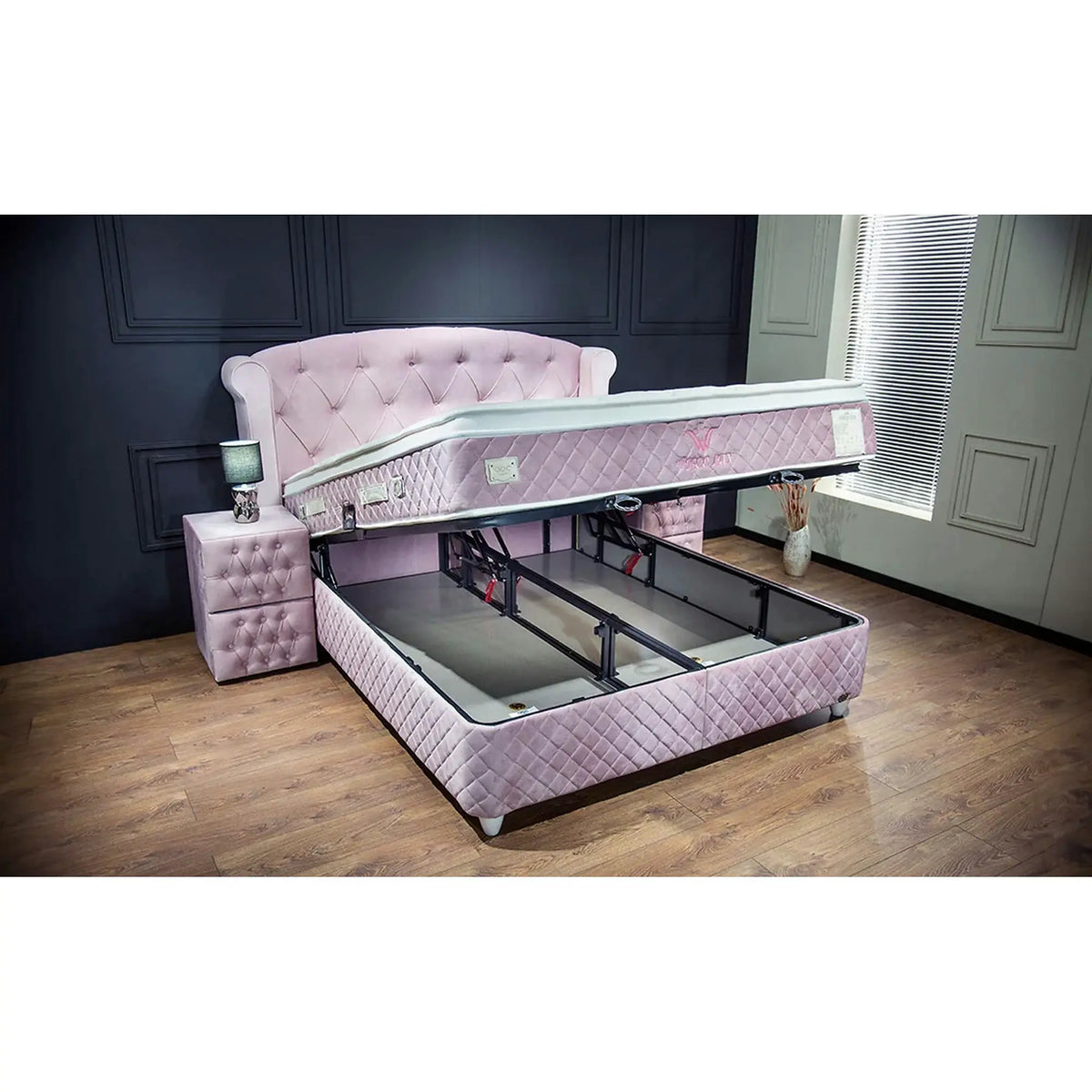 Pat cu lada dormitor VISCO LUX 160x200, stofa catifelata roz, cu suport saltea