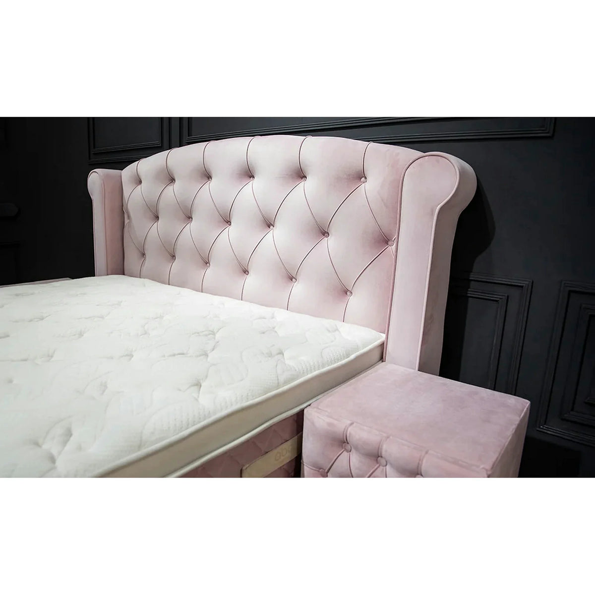 Pat cu lada dormitor VISCO LUX 160x200, stofa catifelata roz, cu suport saltea