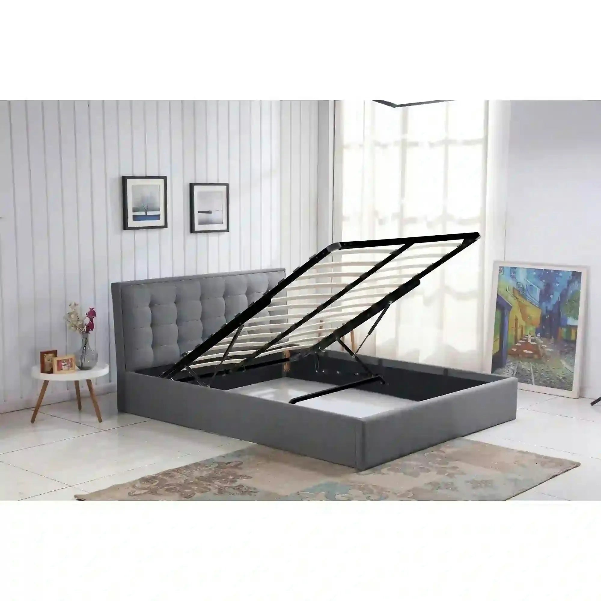 Pat cu somiera metalica rabatabila PADVA 160x200, stofa gri, cu spatiu de depozitare