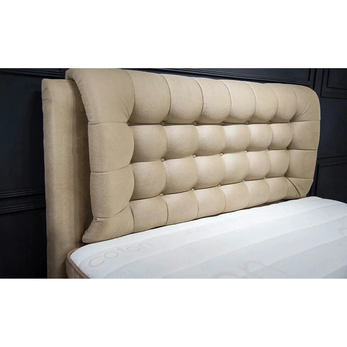 Pat cu spatar tapitat BIO LIFE 160x200, bej, stofa/PAL/metal, cu somiera, lada pentru depozitare si port USB