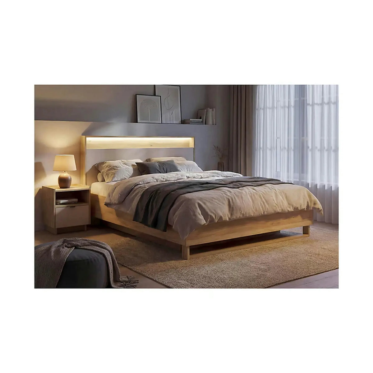Pat DALVA 160x200, stejar/casmir, PAL, cu somiera, lada depozitare si iluminare LED