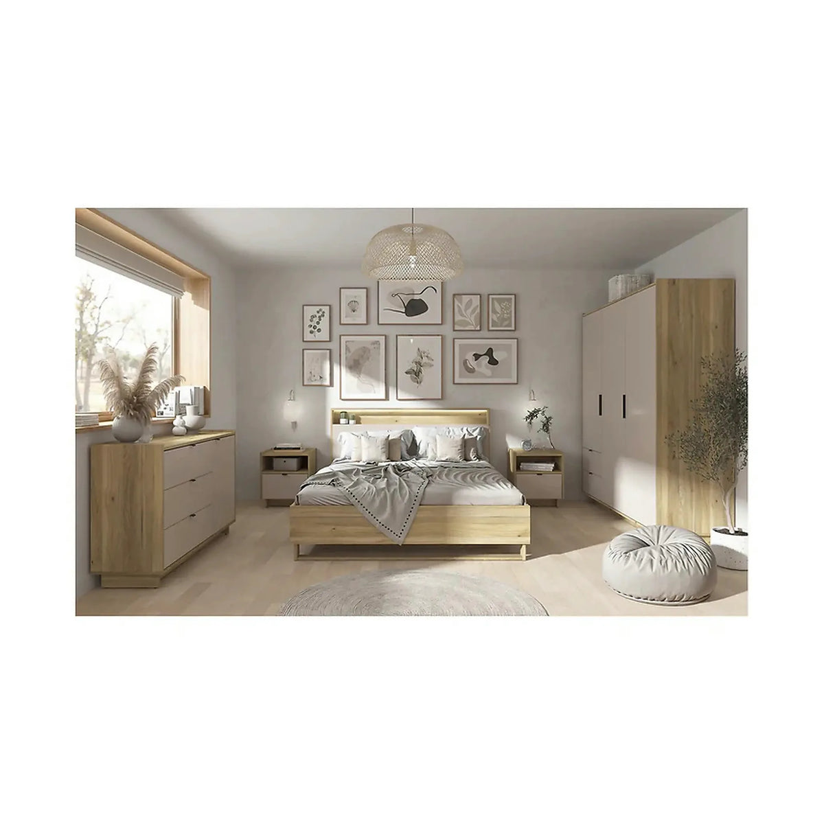Pat DALVA 160x200, stejar/casmir, PAL, cu somiera, lada depozitare si iluminare LED
