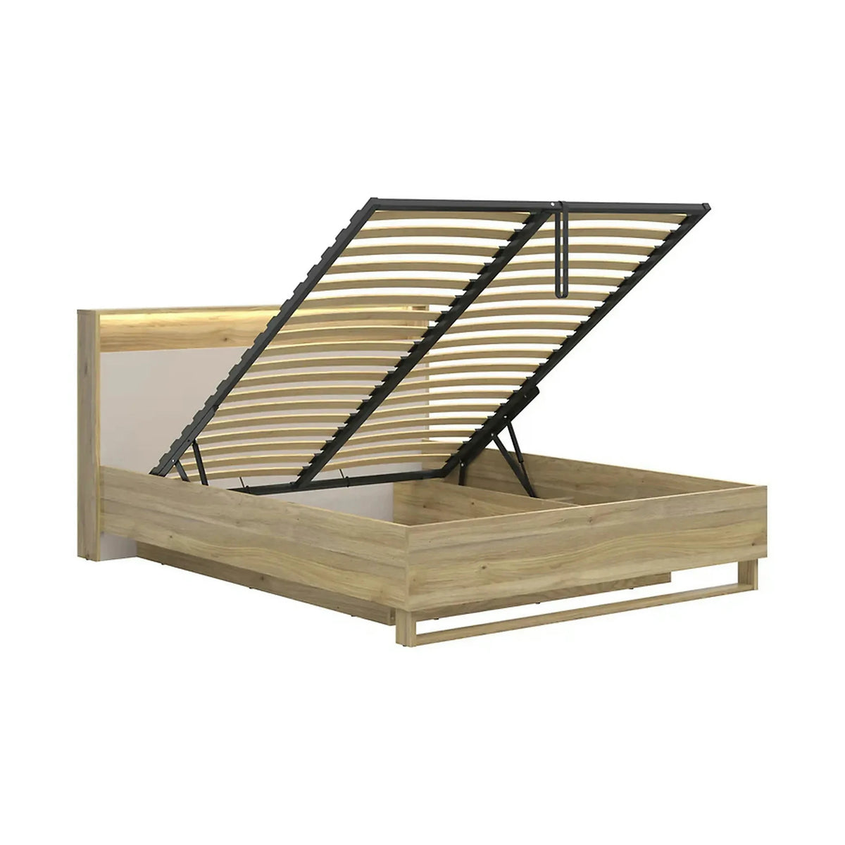 Pat DALVA 160x200, stejar/casmir, PAL, cu somiera, lada depozitare si iluminare LED