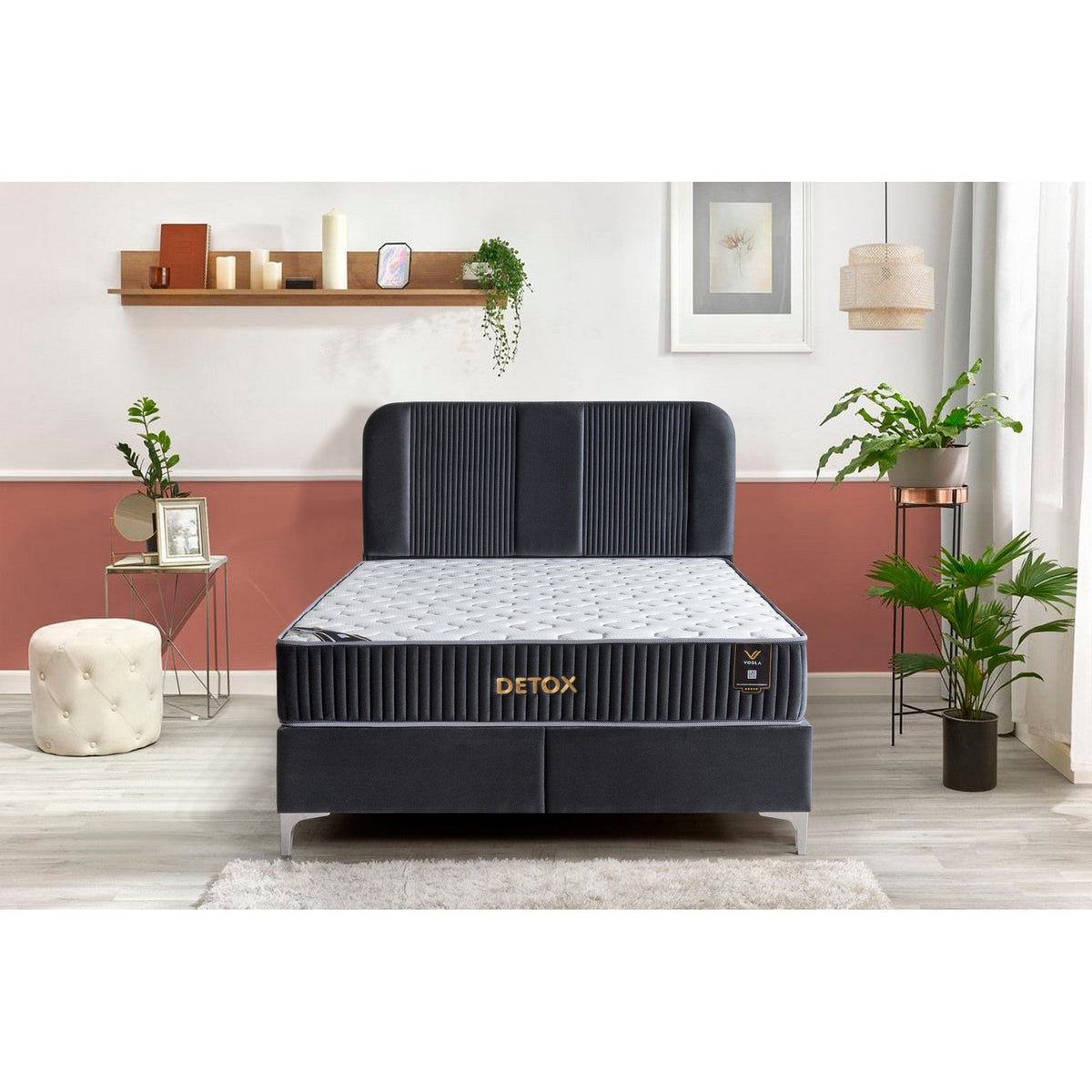 Pat DETOX 160x200, stofa catifelata albastru inchis - Luna 19, cu suport saltea si spatiu depozitare