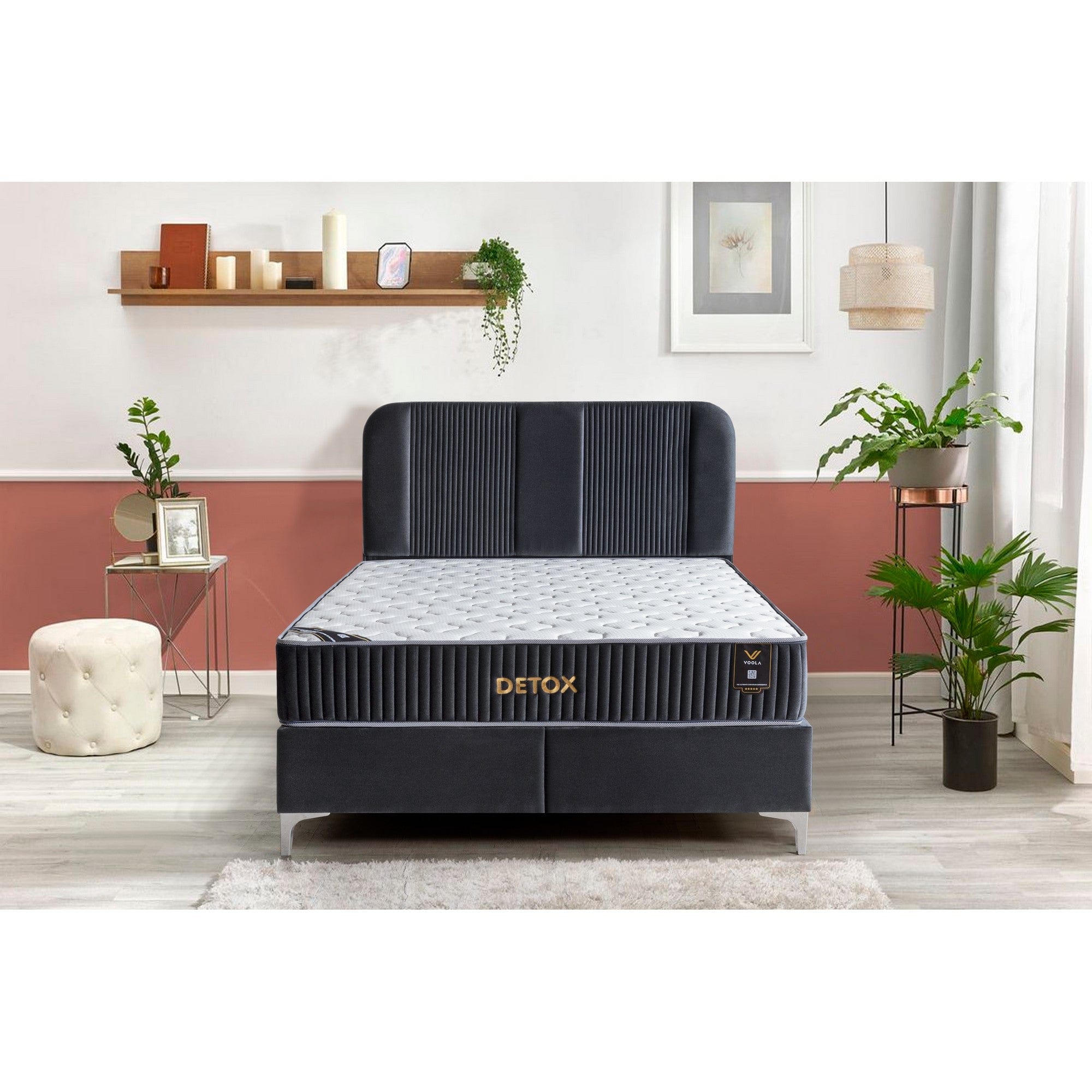 Pat DETOX 160x200, stofa catifelata albastru inchis - Luna 19, cu suport saltea si spatiu depozitare