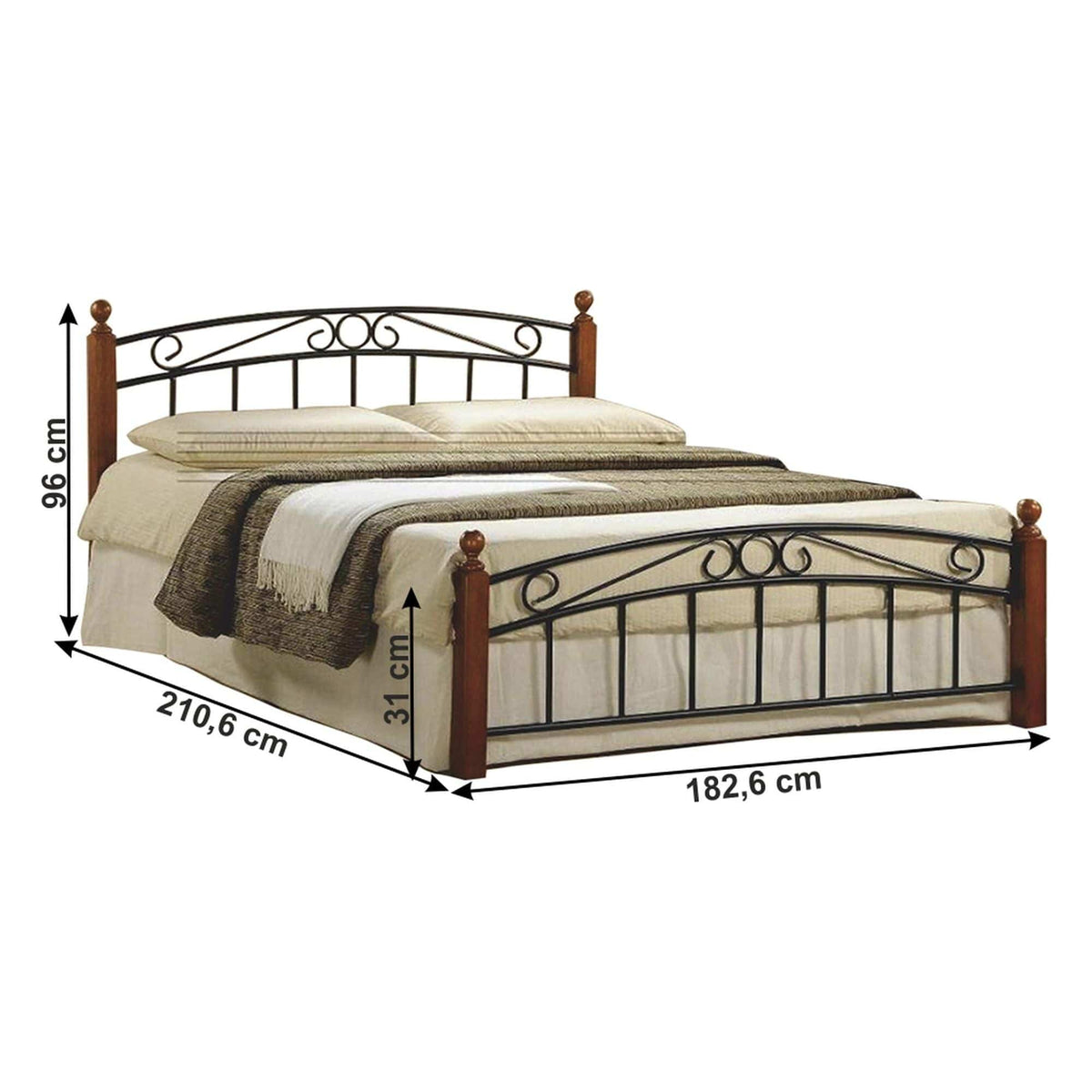Pat DOLORES 180x200, nuc/negru, metal/lemn, cu somiera
