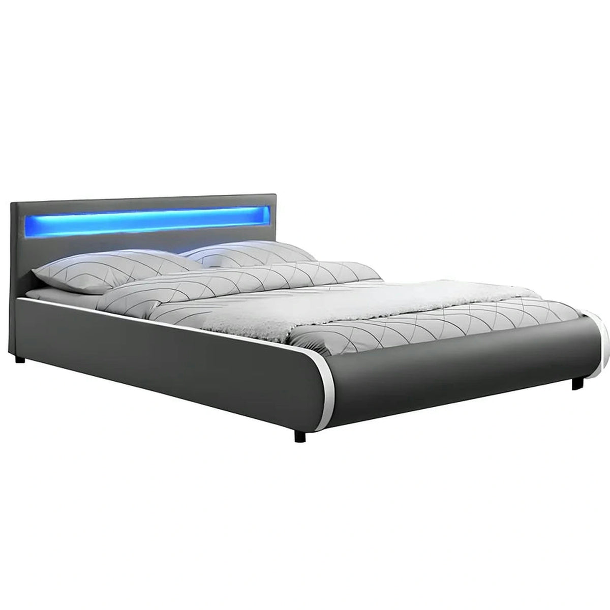 Pat DULCEA 160x200, gri, piele ecologica/PAL, cu iluminare LED RGB si somiera
