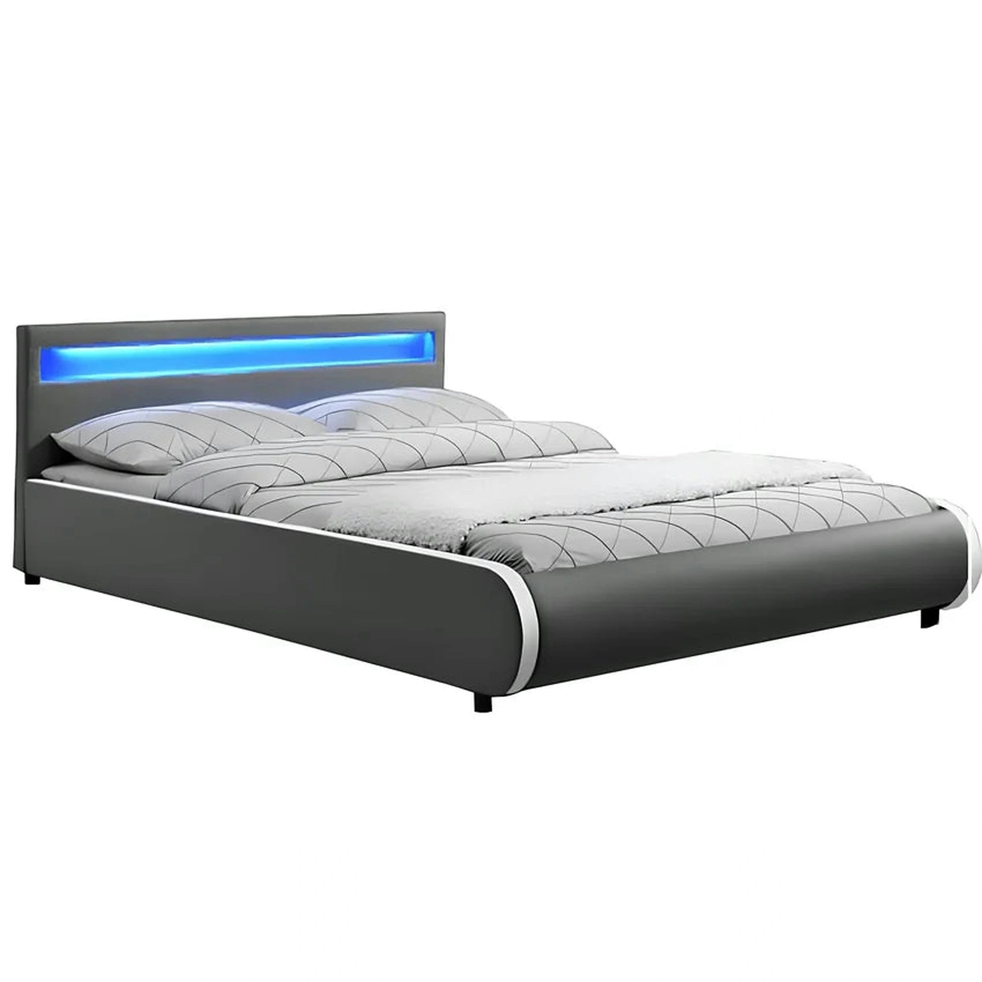 Pat DULCEA 180x200, gri, piele ecologica/PAL, cu iluminare LED RGB si somiera