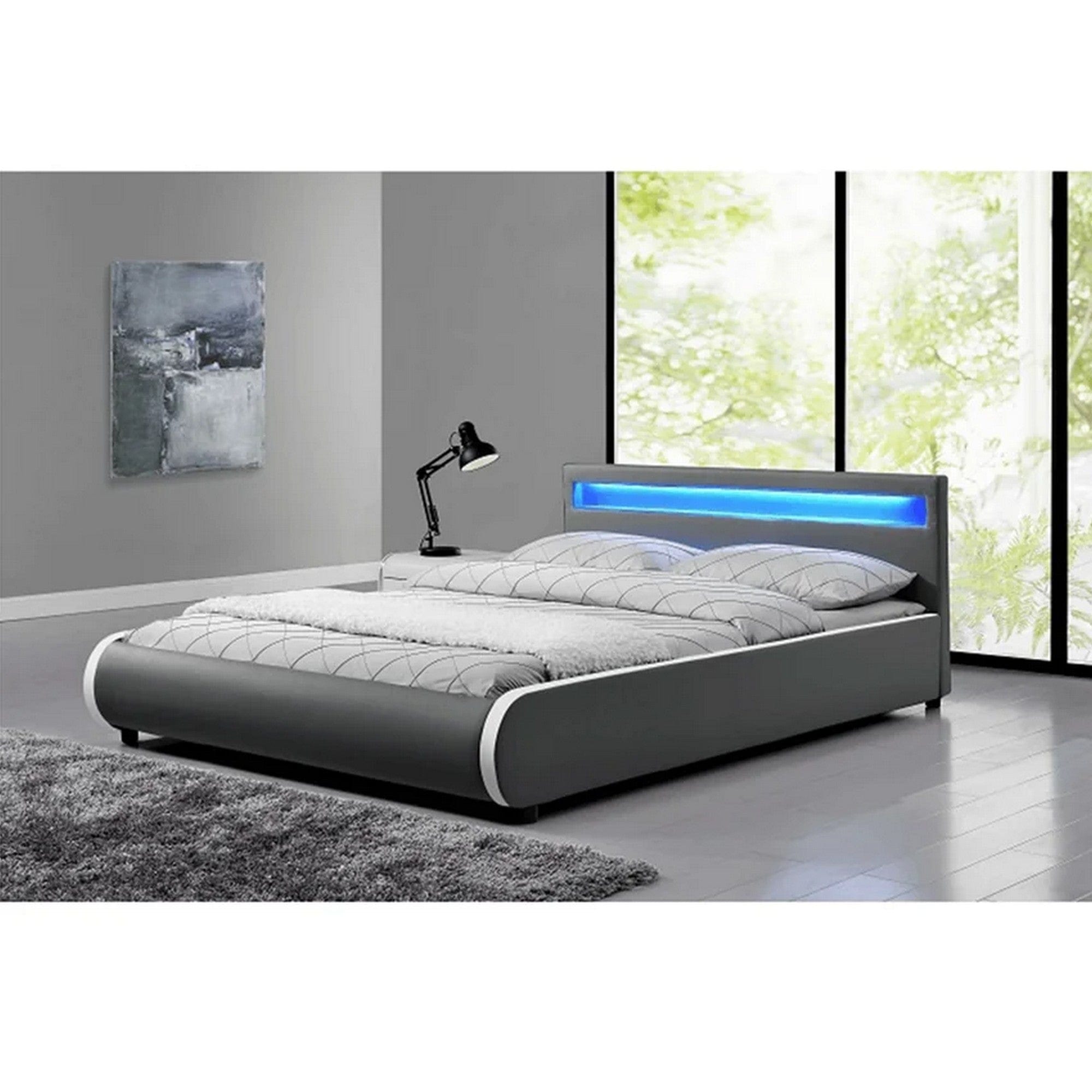 Pat DULCEA 180x200, gri, piele ecologica/PAL, cu iluminare LED RGB si somiera