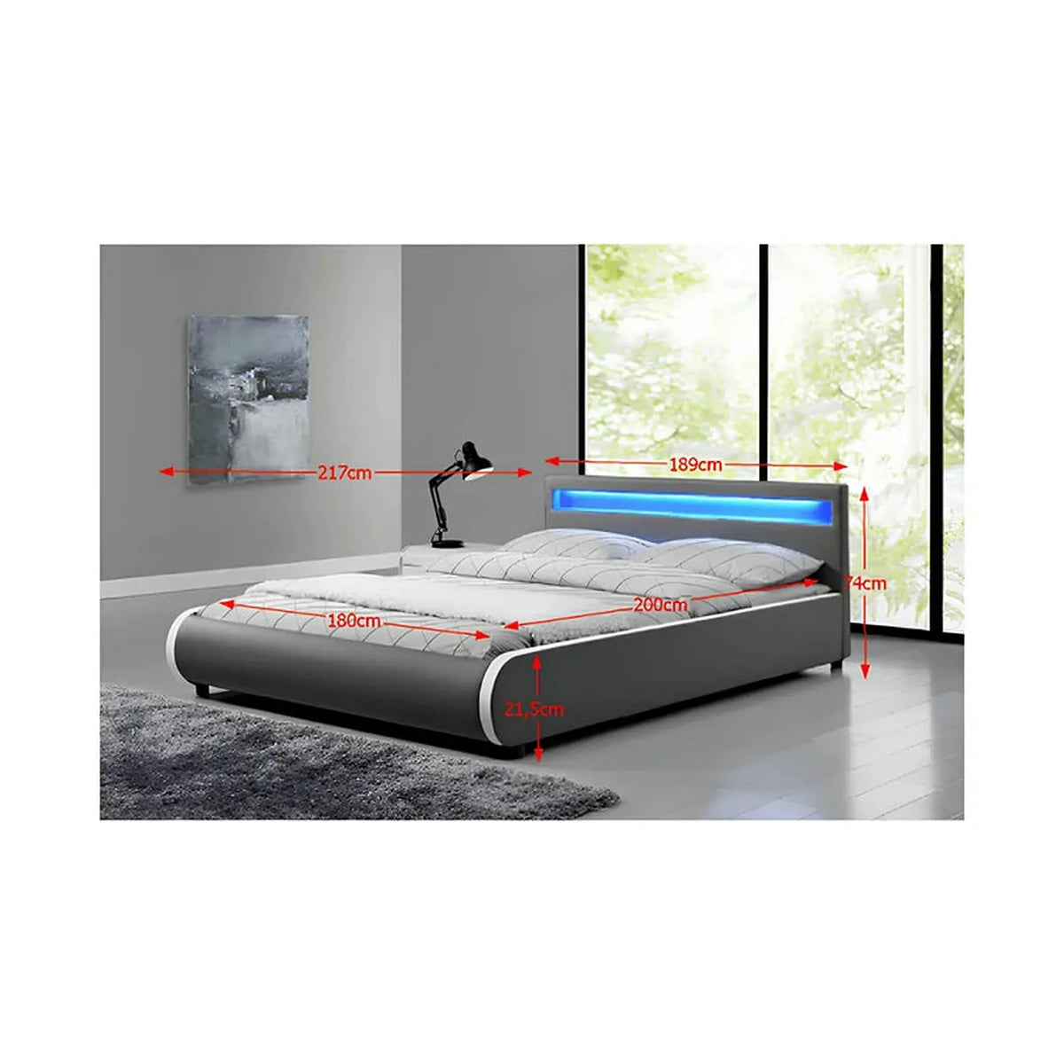 Pat DULCEA 180x200, gri, piele ecologica/PAL, cu iluminare LED RGB si somiera