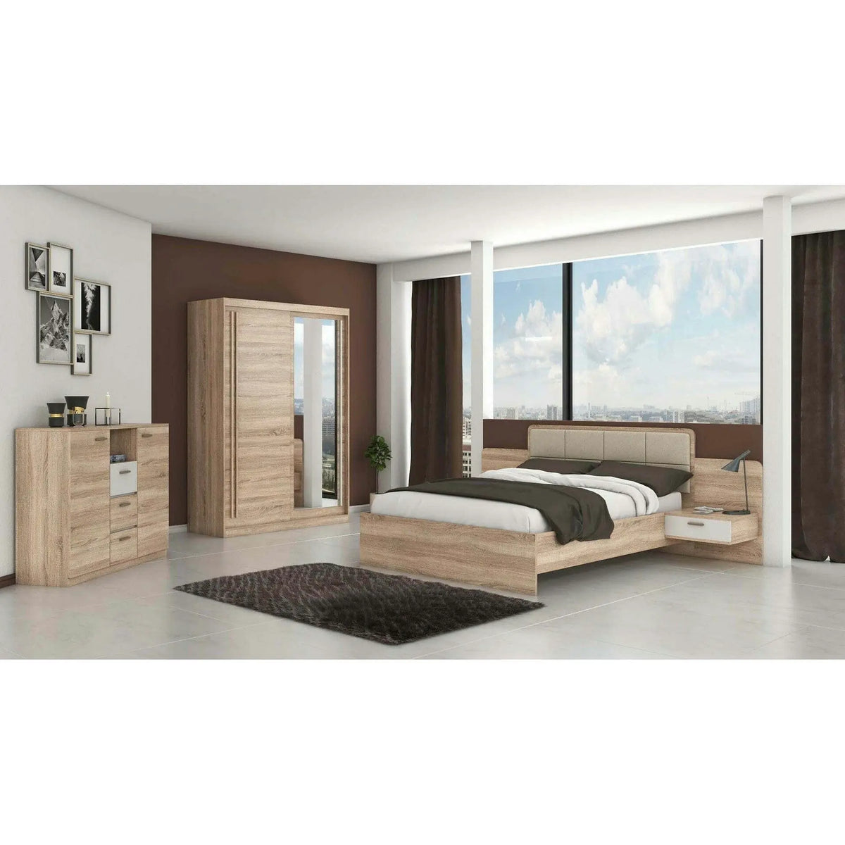 Pat EFFECT 160x200, stejar sonoma, PAL/stofa, cu 2 noptiere