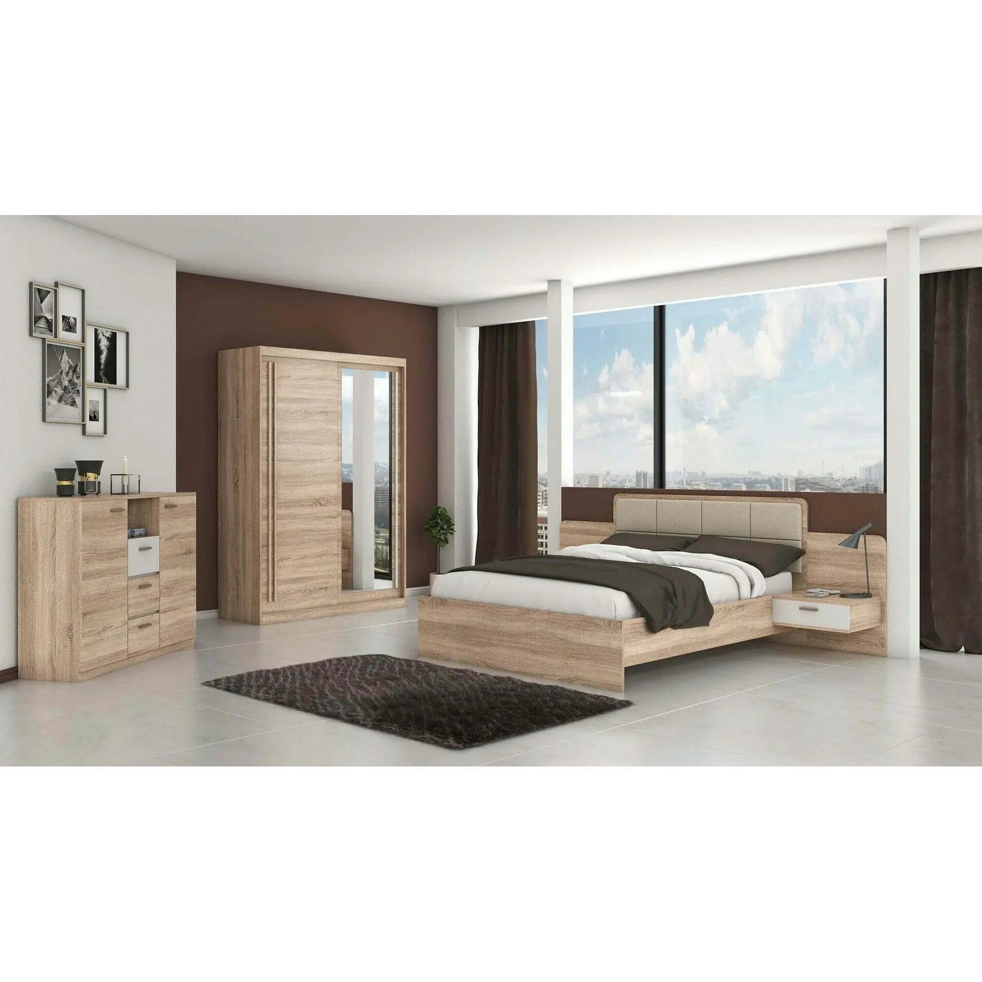 Pat EFFECT 160x200, stejar sonoma, PAL/stofa, cu 2 noptiere
