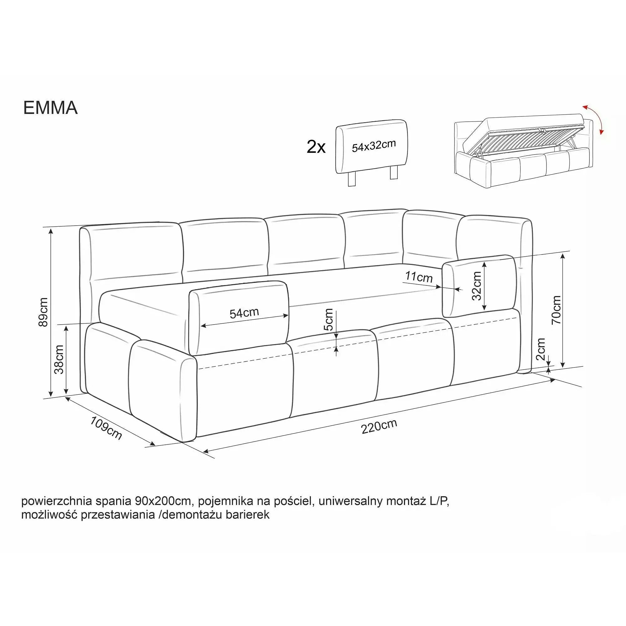 Pat EMMA 90x200, bej închis, stofă/lemn, cu spațiu de depozitare