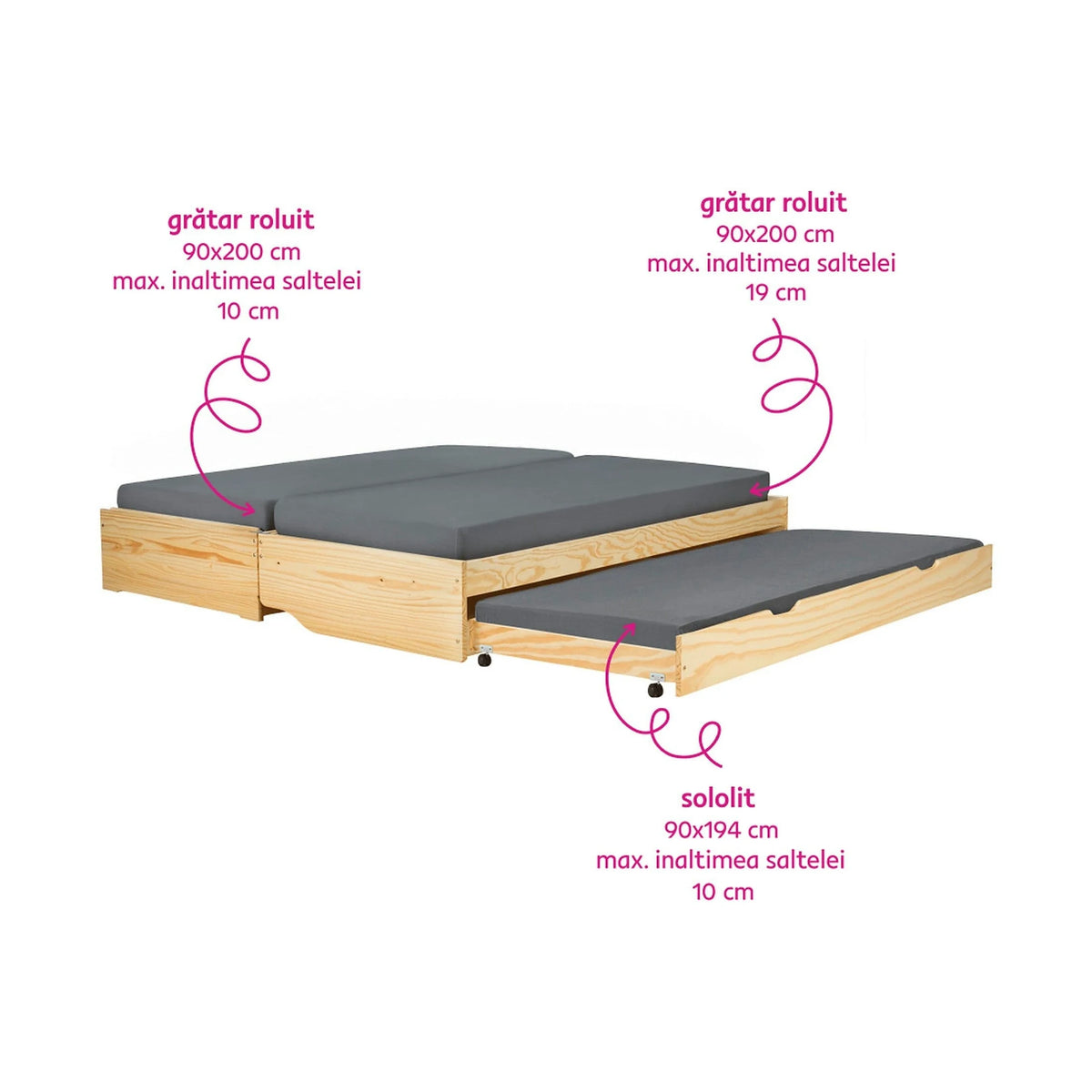 Pat extensibil FLOPY 90x200, stejar, lemn, cu somiera