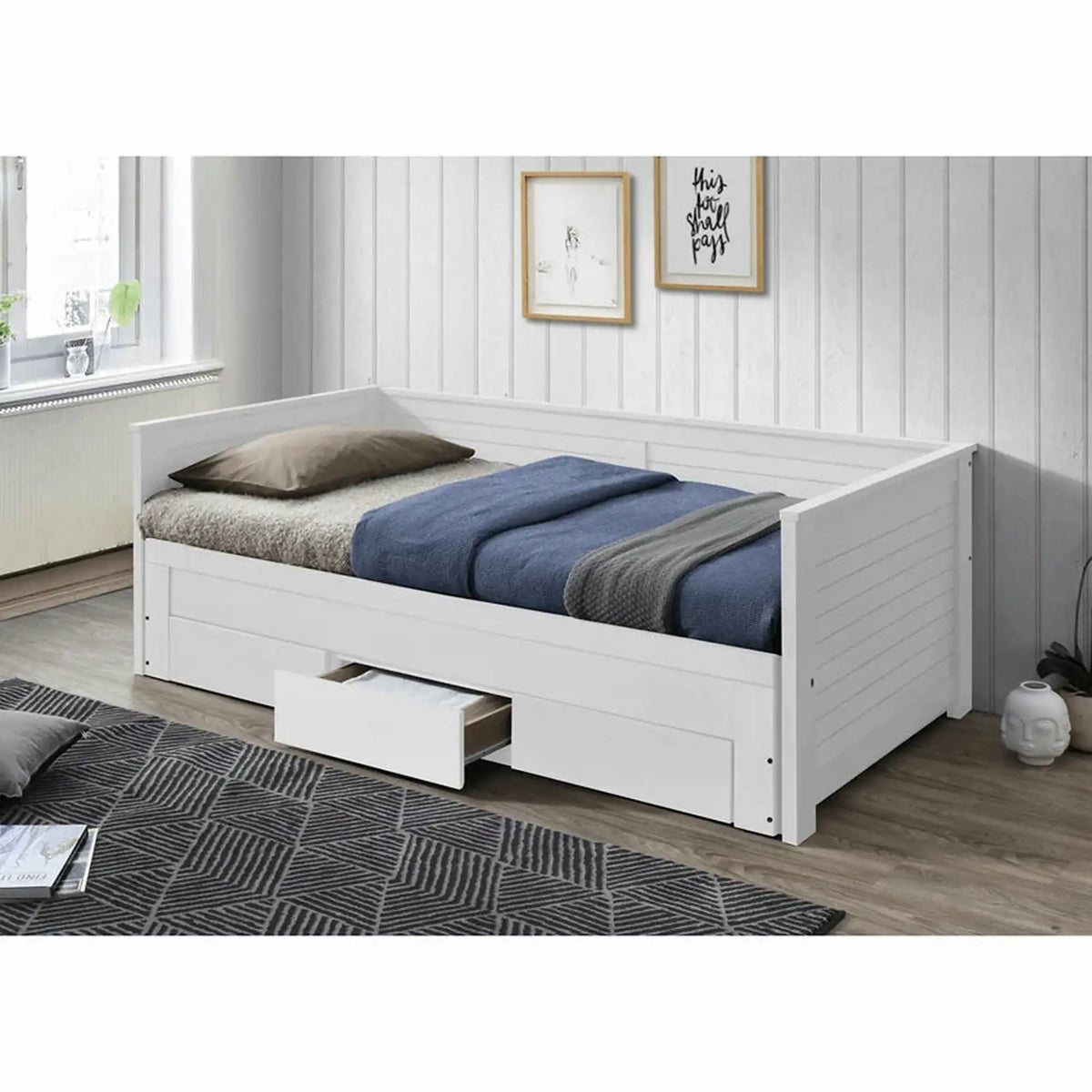 Pat extensibil GORETA 90x200/180x200, alb, cu somiera si 3 sertare pentru depozitare